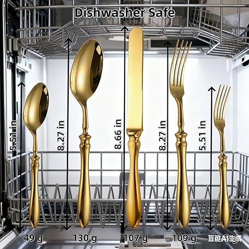Miniatura 6 de Juego de cubiertos de 50 piezas de acero inoxidable vintage europeo para 10, mango ergonómico cómodo, pulido, apto para lavavajillas, juego de