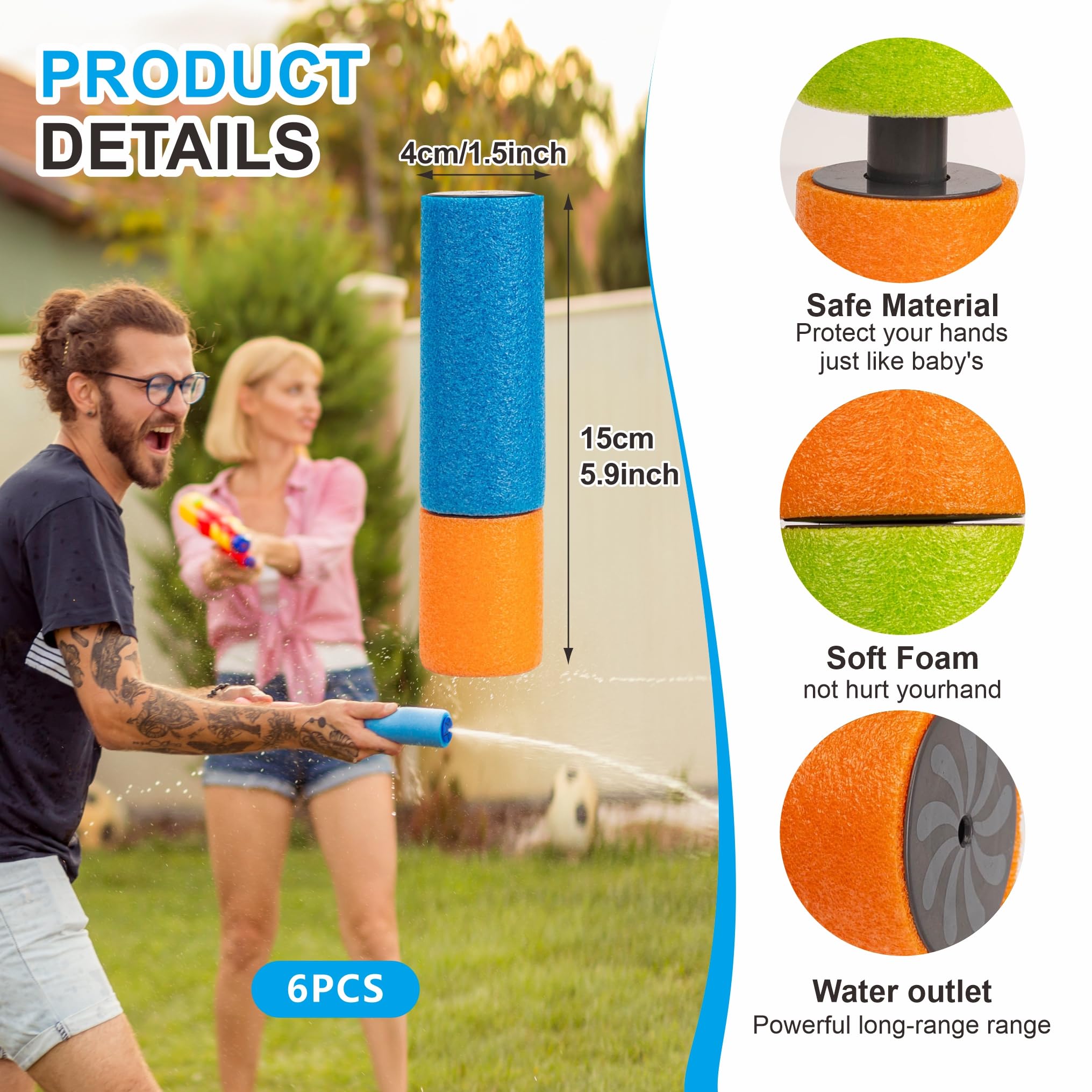 6pcs Foam Water Guns Mini Water Pistols for Kids Water Blaster Shooters Push Pull Type Foam Water Squirter Water Gun Summer Outdoor Beach Pool Water Toys for Kids Toddlers Boys Girls - Image 2