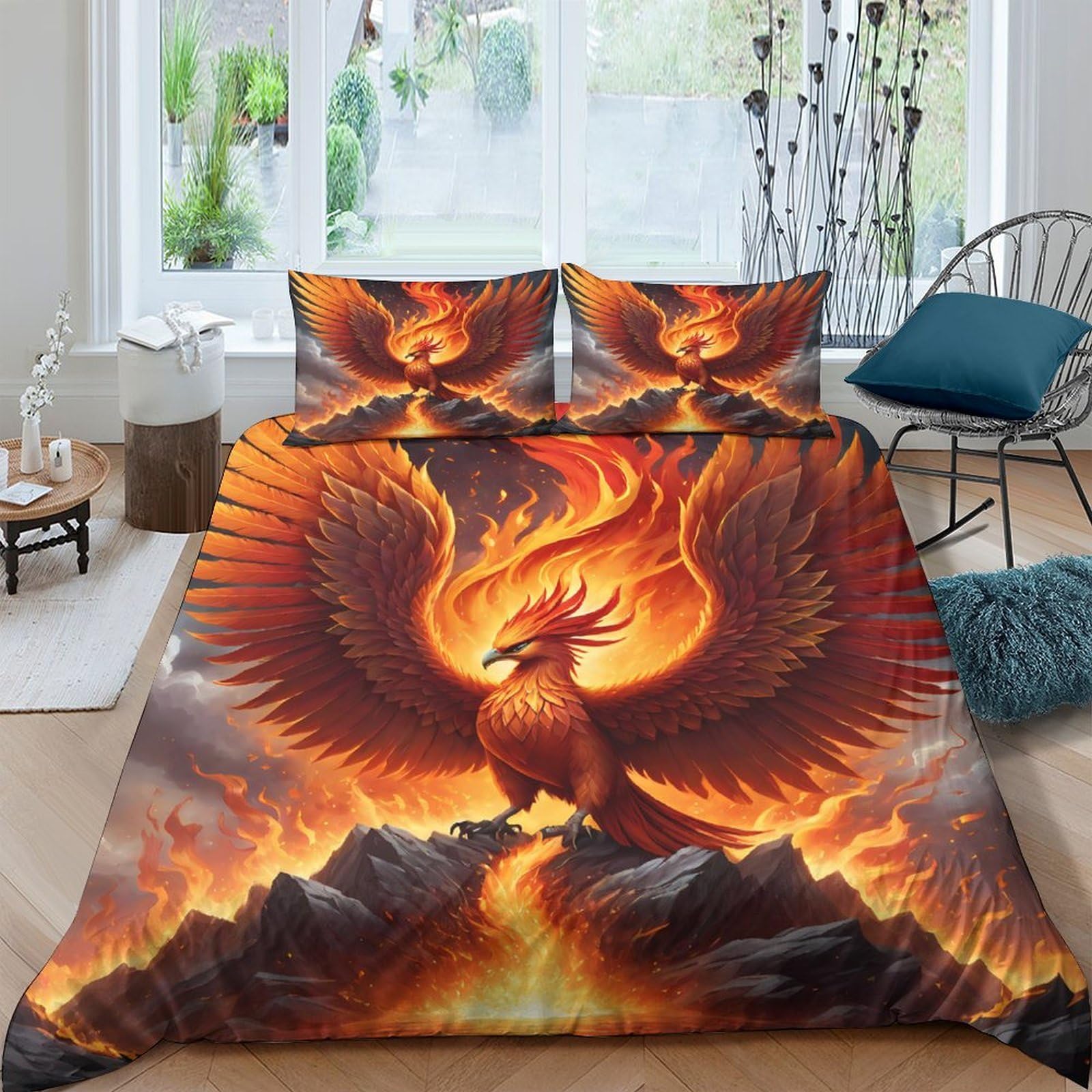 Ctjqhvkz Style-5 3D Printed Fire Phoenix Fitted Sheet Microfiber Soft Orange Flame Bed Cover For Bedroom Dorm Mattress Decoration Single（135X200cm）