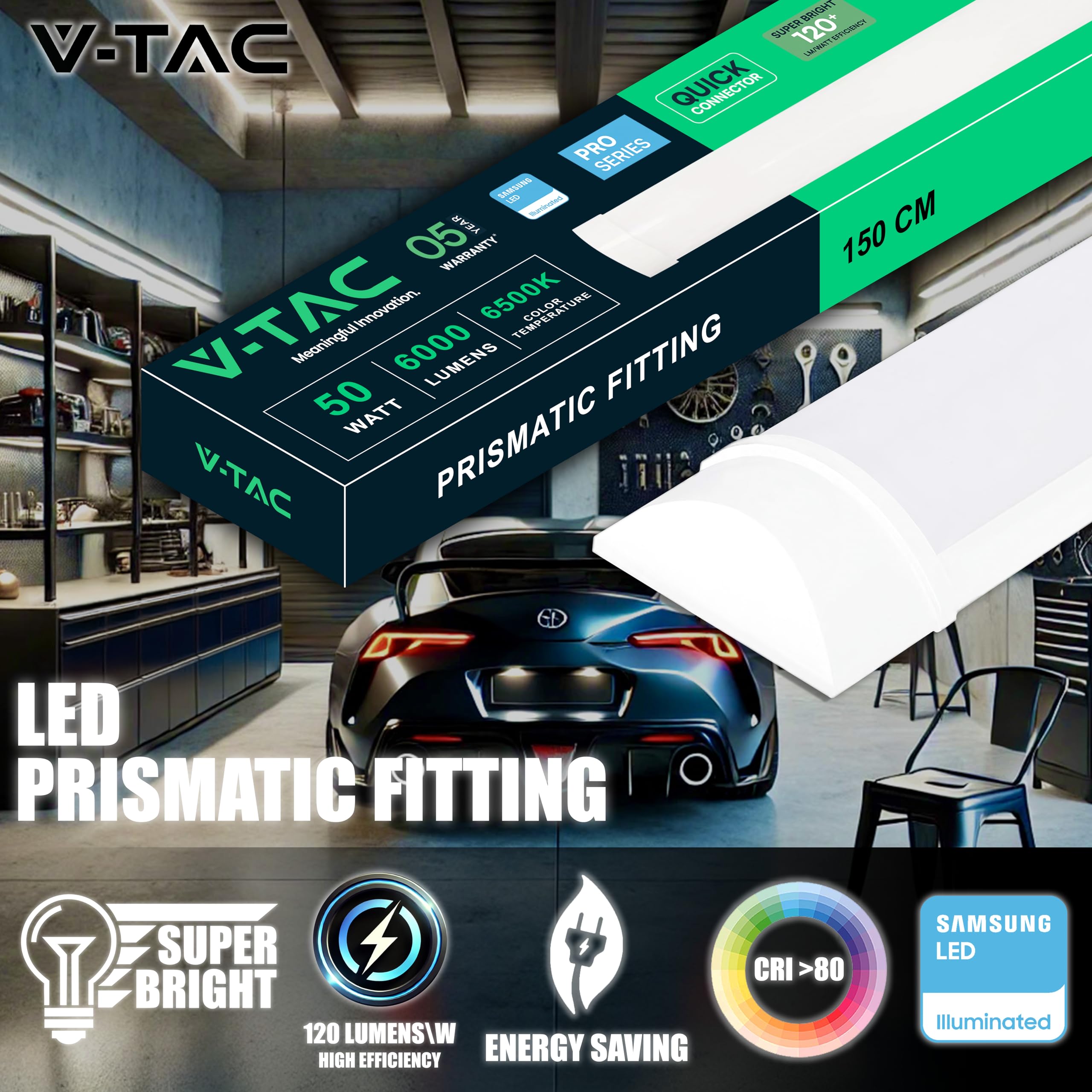 V-TAC 8x Plafoniere LED Lineari da Soffitto 150 CM - 50W - Chip Samsung - 8 Pezzi - Lampada Rettangolare 6000 Lumen IP20 per Parete, Garage, Negozio - Tubo LED Plafoniera - Luce 6500K Bianca Fredda
