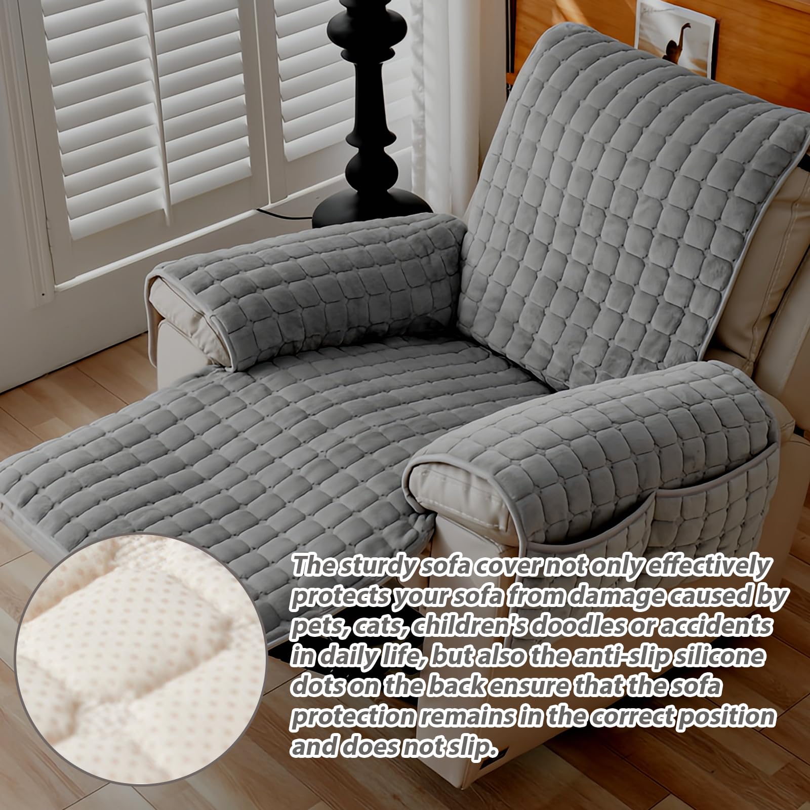 Coprisedia Per Poltrona Relax Con Braccioli - Copridivano Elasticizzato Con Tasche Portatutto - Grigio 53x190 Cm - Antigraffio Per Animali - 5