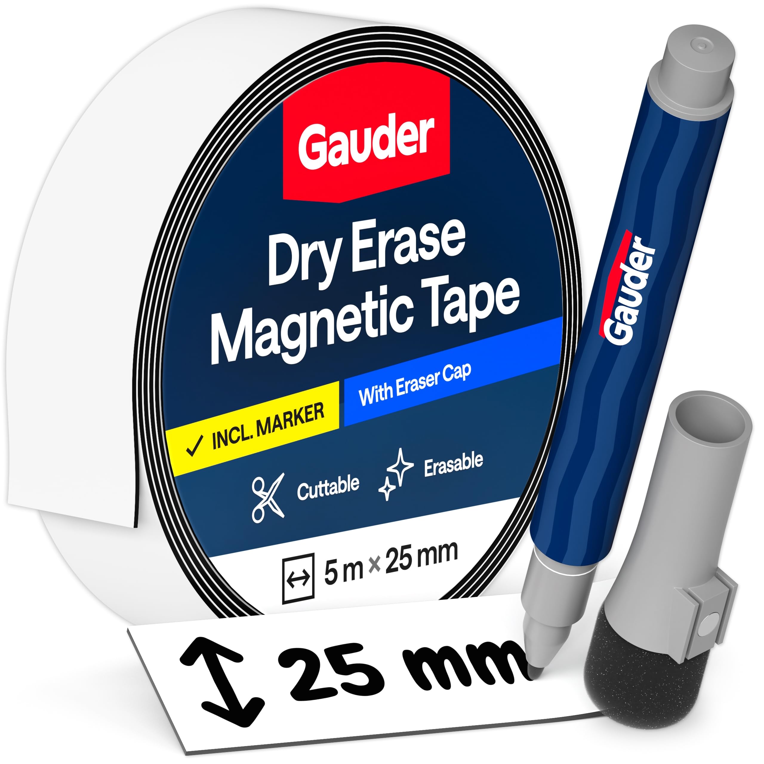 GAUDER Writable Magnetic Strips, for Kanban Board (5 m x 25 mm - White)