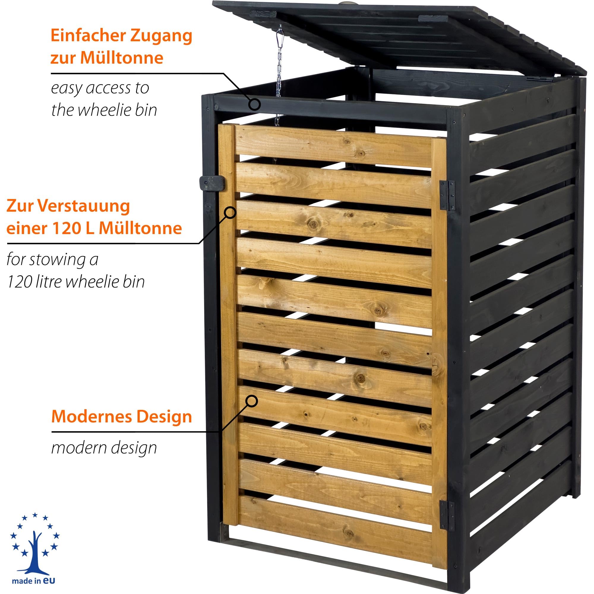 dobar® Green Label Mülltonnenverkleidung 1er 120 L aus Holz in Braun-Schwarz als Bausatz - Mülltonnenbox mit Deckel und Schwingtür zweifarbig - 67 x 64 x 94 cm