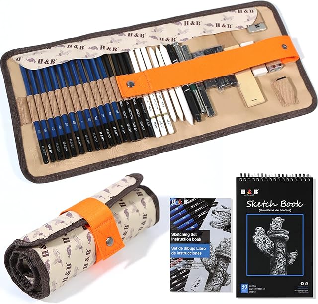 H & B 38 Pack Sketching Pencil Set, Professional Drawing Kit Art Supplies With Sketching Pad And Tutorial,Drawing Sets For Adults, Artists,Kids and Beginners