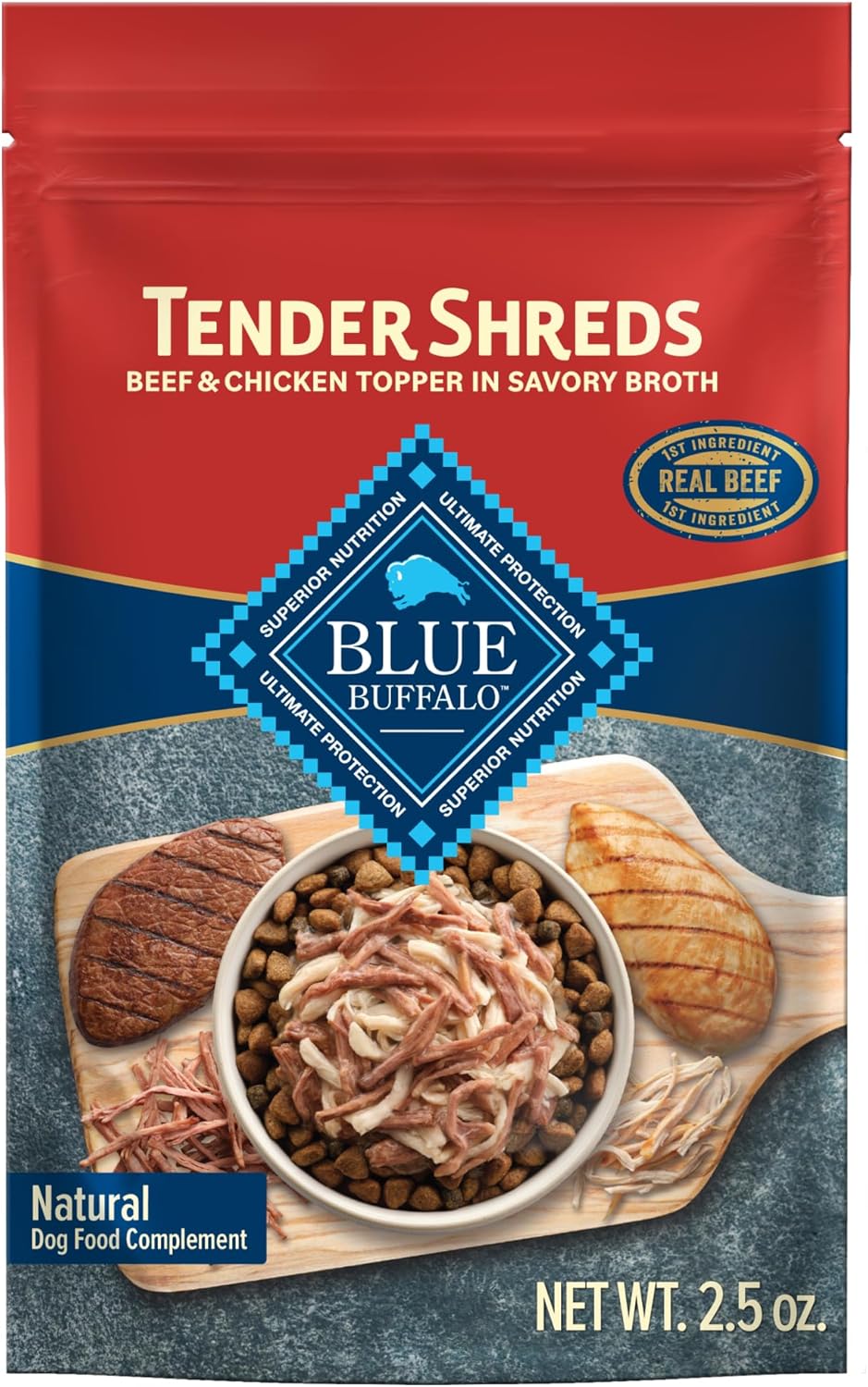 Blue Buffalo Tender Shreds Beef & Chicken Toppers in Savory Broth, Natural Dog Food Complement, Beef, 2.5-oz. Pouch, 24-Count