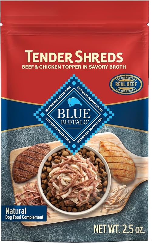 Sachês para complementar ração de cães Blue Buffalo Tender Shreds com Carne Bovina e Frango, 70 g, Pacote com 24