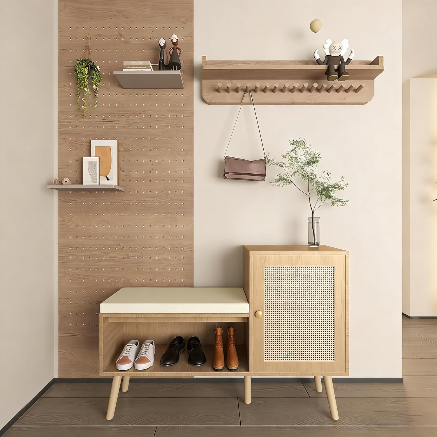 Boho Rattan Shoe Storage Bench with Seat Cushion, 2-in-1 Modern Entryway Bench with Hidden Shoe Cabinet & Adjustable Shelves, Wooden Freestanding Shoe Rack Organizer for Hallway, Bedroom