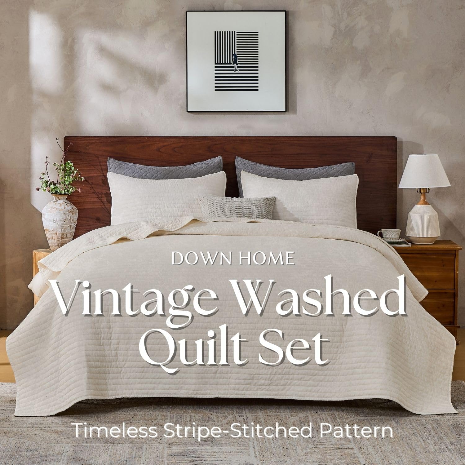 DOWN HOME King Quilt Bedding Set with Shams, Vintage Washed Soft Quilted Blanket Thin Comforter Lightweight Bedspread Coverlet Bed Cover, Brushed Microfiber Stripe Stitching, Linen White, 104"x90" - Image 2