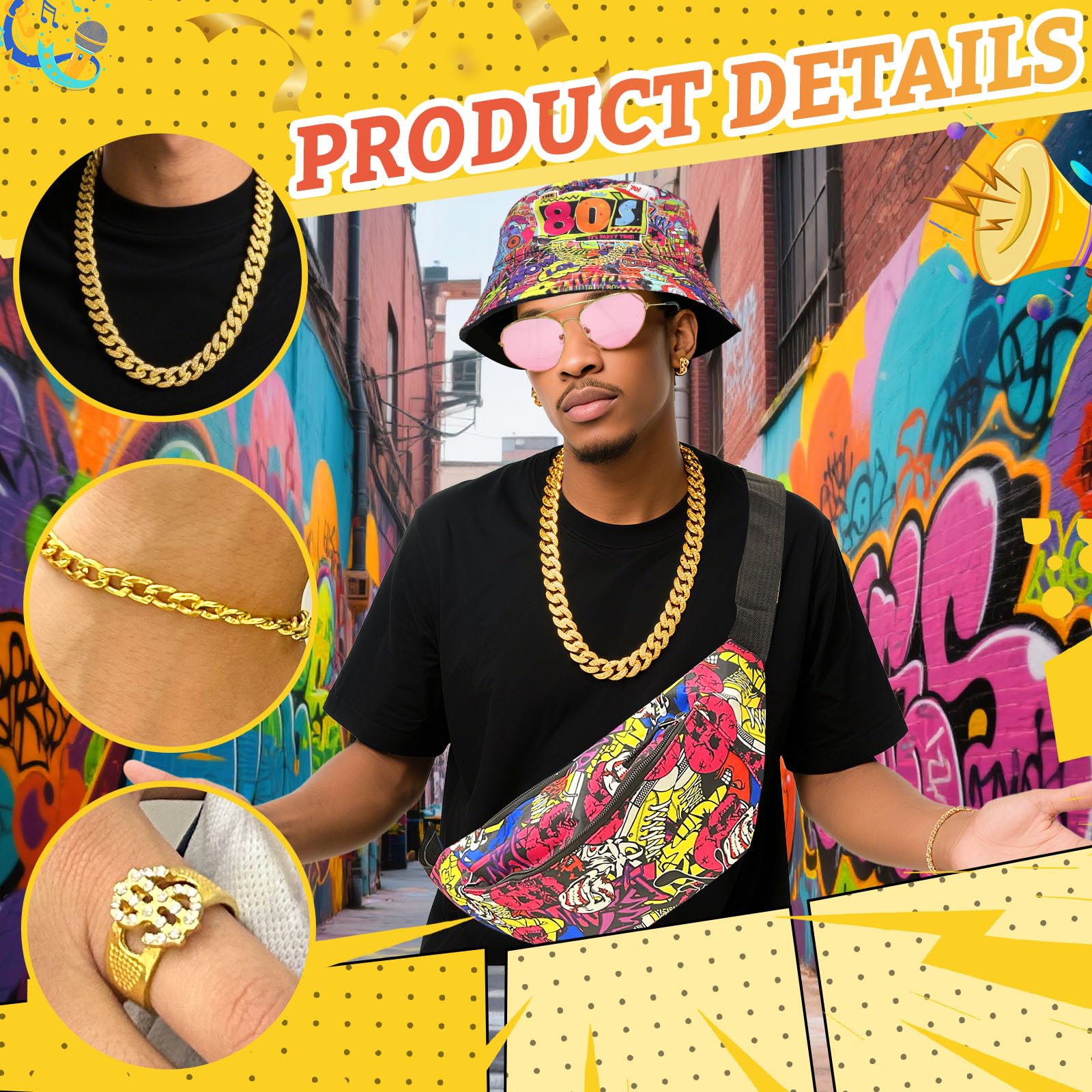 80s 90s Hip Hop Costume Set, Fancy Dress Accessories with Reversible Graffiti Fisherman's Hat, Crossbody Bag - Image 4