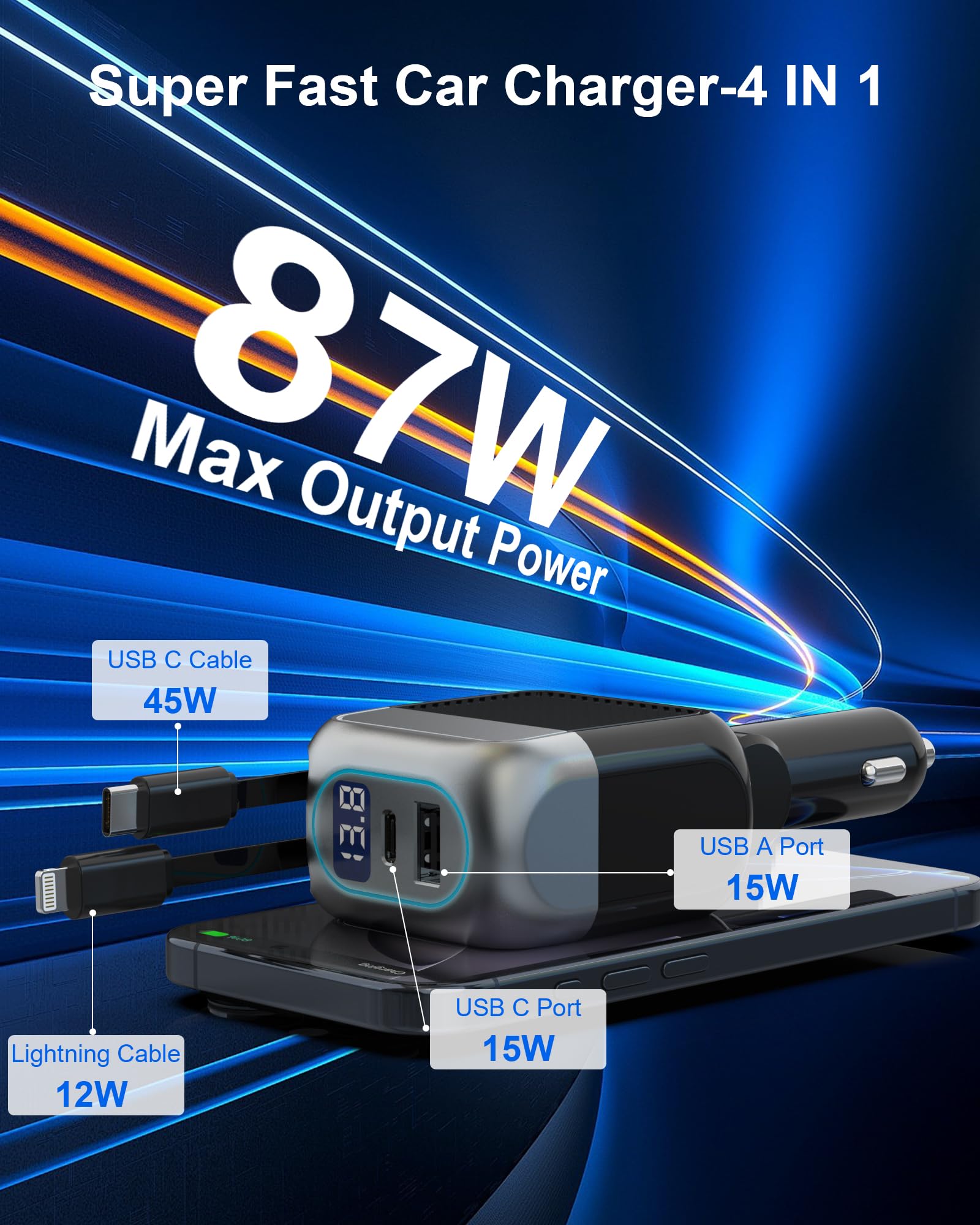 87W Retractable Car Charger, 4-in-1 Fast USB C Charging Car Adapter with 45W Type C Cable for iPhone 17/16 Pro Max & Samsung, 12W Lightning Cable for iPhone 14, Travel Essentials Car Accessories - 3