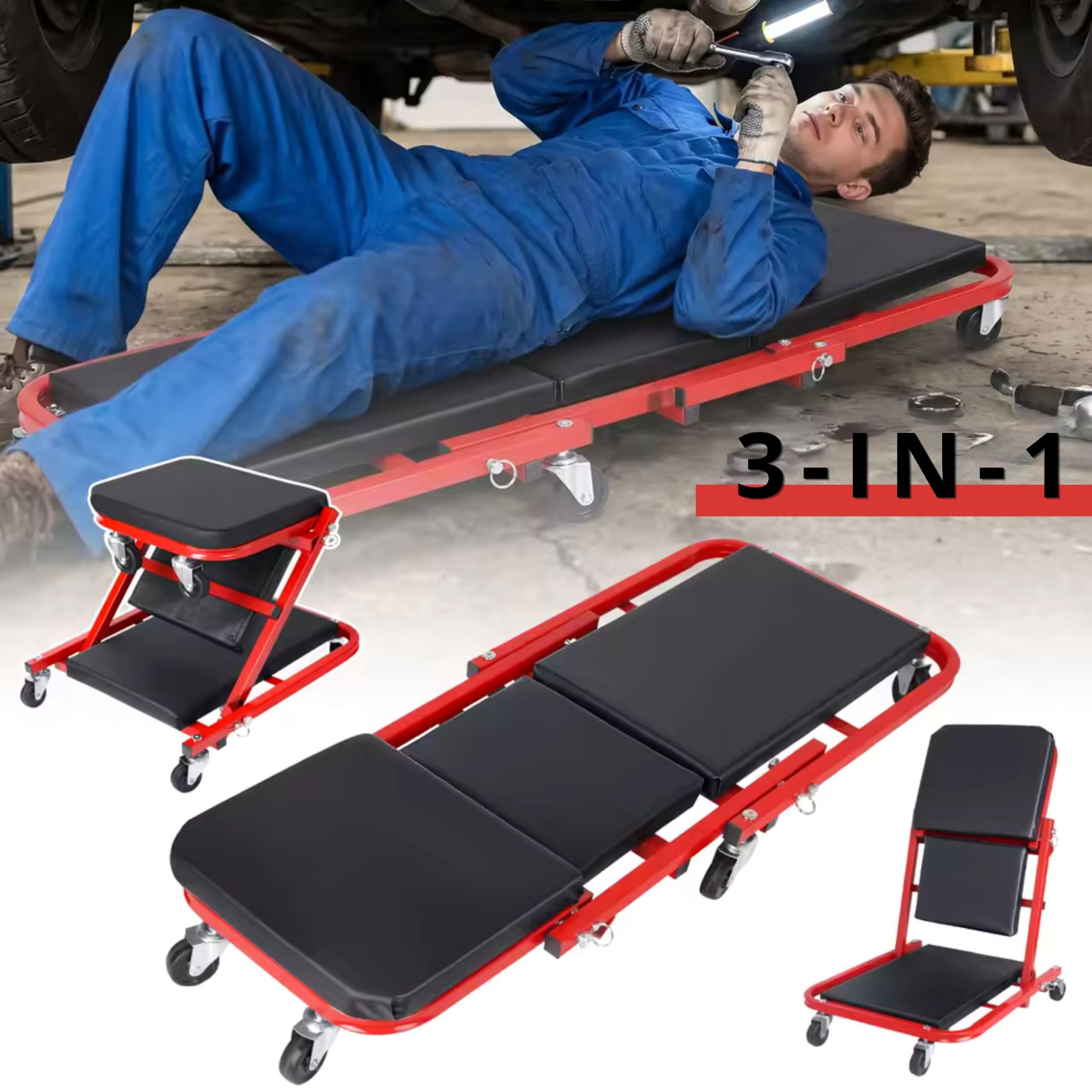 YASTA Carrello sotto Auto 2 in 1 Sgabello da Officina Meccanico Lettino Pieghevole 90cm Portata 150Kg Sedile Riparazione Imbottito con 6 Ruote Girevoli
