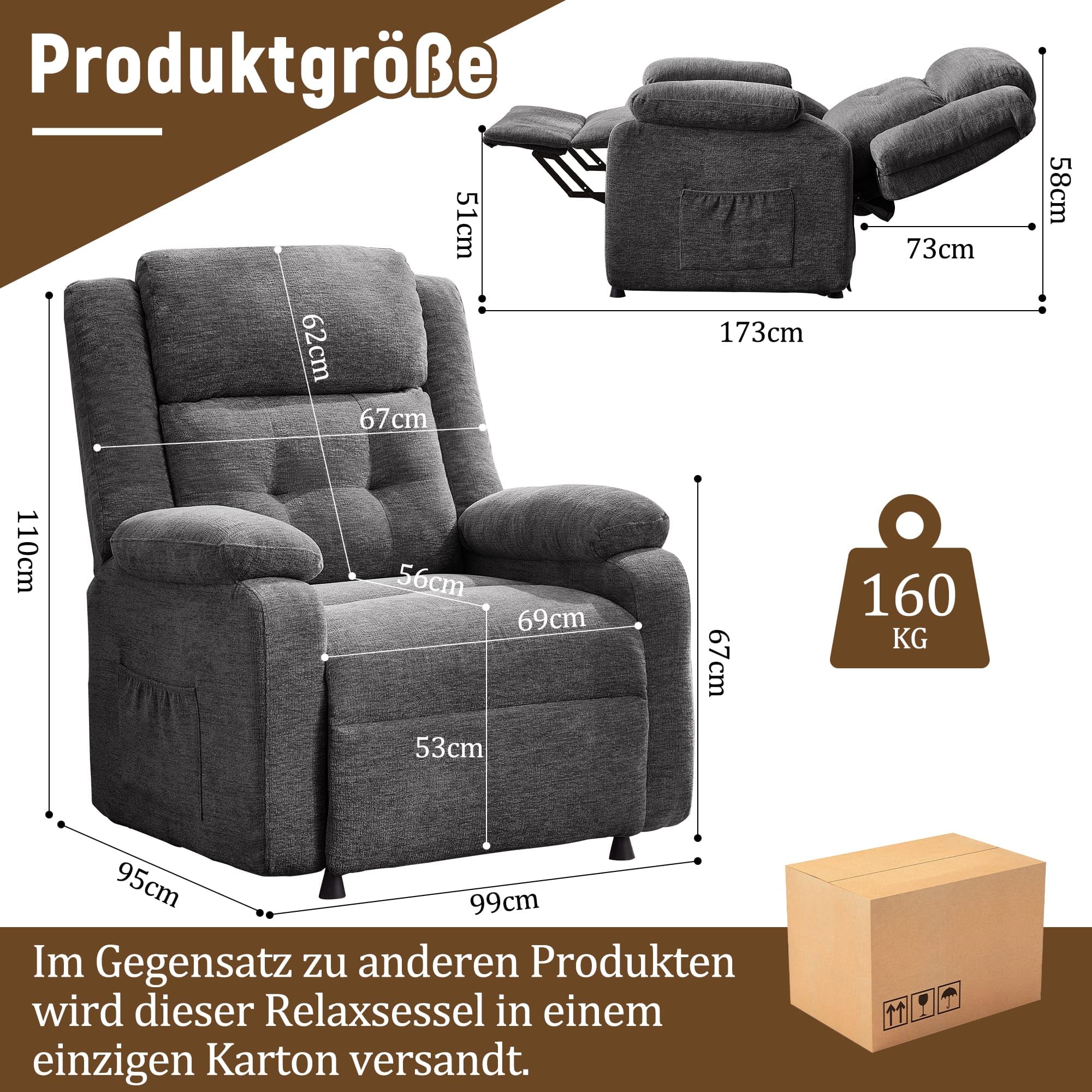 Korser Fernsehsessel Elektrisch Verstellbar für Erwachsene, Oversized Relaxsessel mit Liegefunktion und Dicken Kissen, TV Sessel aus Chenille-Stoff für Wohnzimmer und Schlafzimmer (Grau)