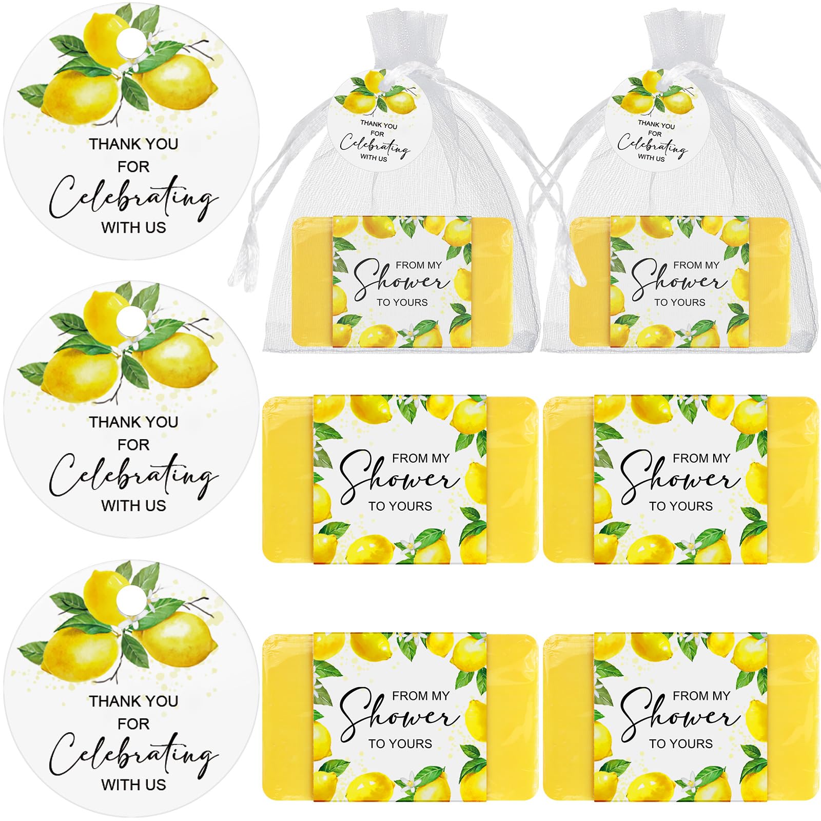 Queekay Lot de 48 mini savons parfumés pour fête prénuptiale avec étiquettes de remerciement et sacs en organza pour fille et garçon (citron)