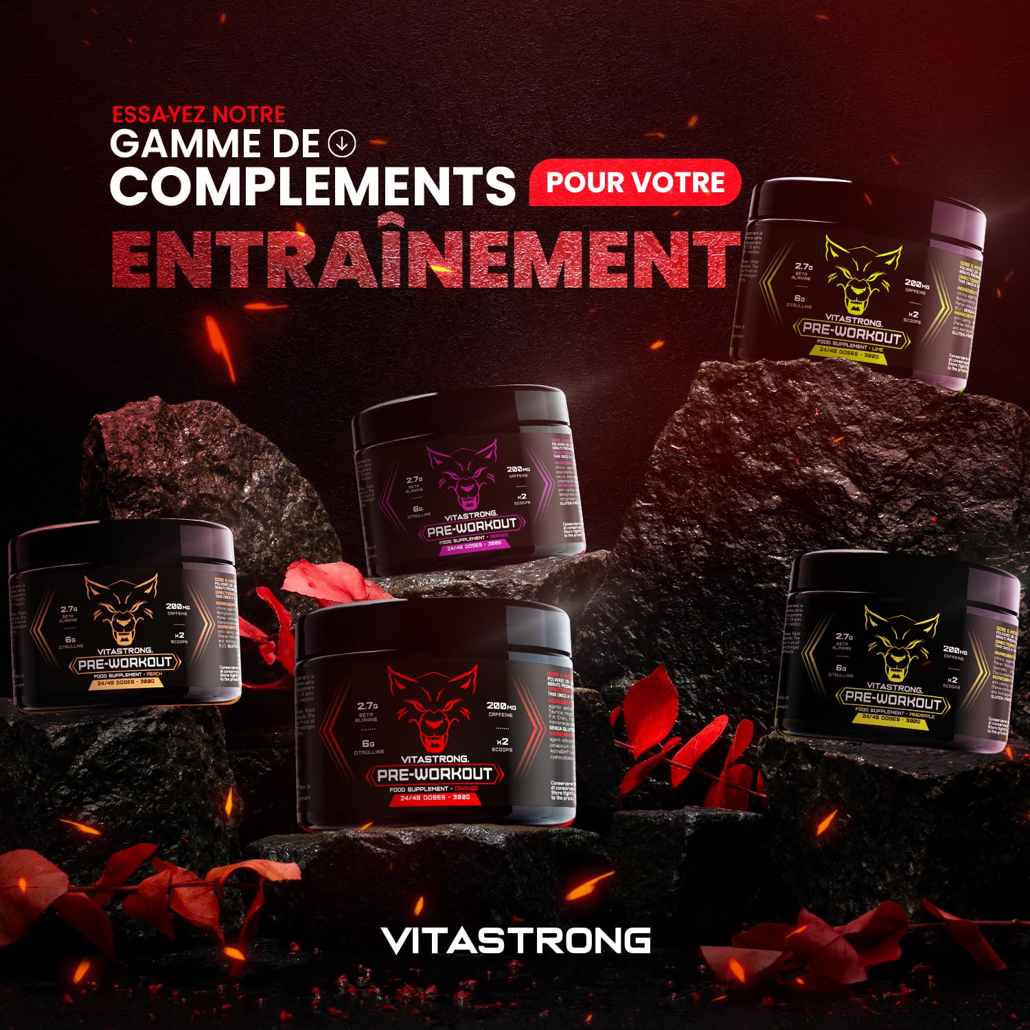 Pre Workout Booster Puissant 300g, Goût Orange, 24 Portions, Vitastrong | Vegan Preworkout, Vitamine B12, L Citrulline, Beta Alanine, Cafeine, Taurine, AstraGin