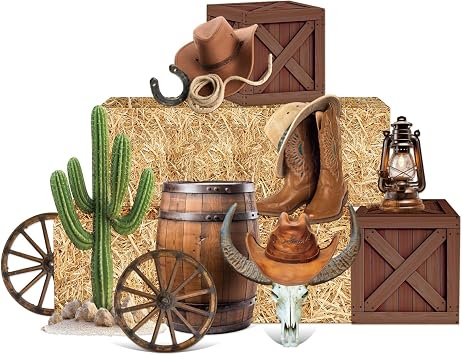 16 Pcs Western Party Decorations Set 6 Hay Bales Boxes 2 Wood Print Boxes 2 Wood Wagon Wheels and 6 Western Cowboy Decor for Birthday Farm Party Favors Backdrop