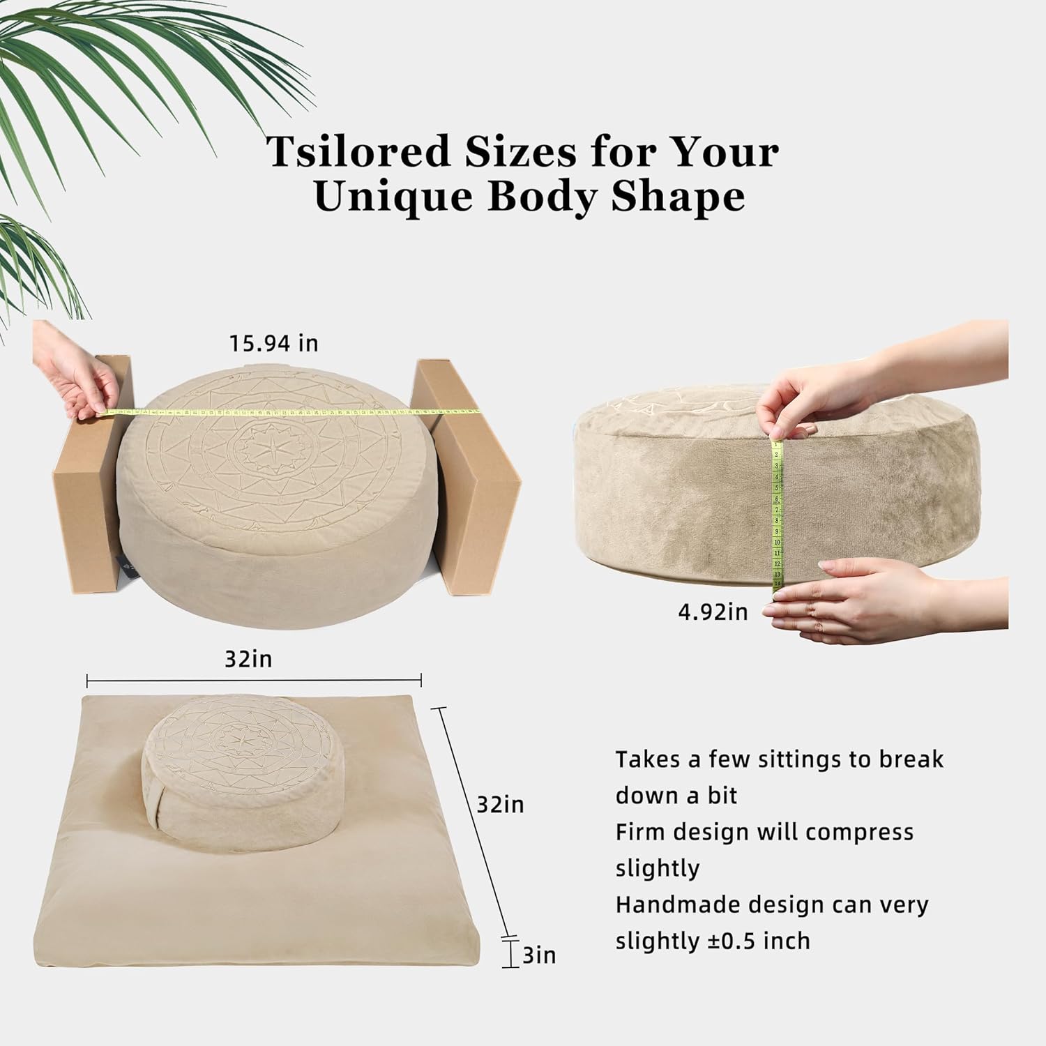ellier Zafu & Zabuton Meditation Cushion Set - Buckwheat Hull & Memory Foam Pillows, Ergonomic Support for Yoga, Mindfulness - Organic Velvet Cover, Large Size, Durable Comfort (Khaki)