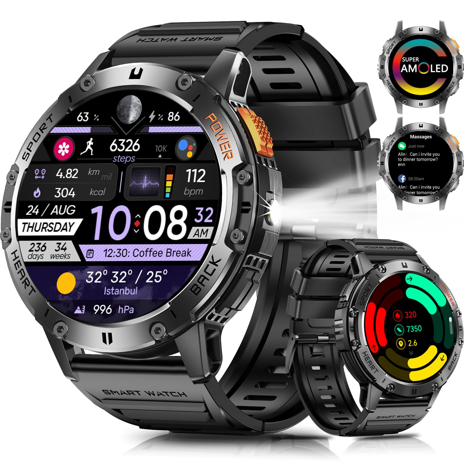 Military Smart Watch for Men with Flashlight 1 43 AMOLED Display 110 Sports Modes IP68 Waterproof 10-Day Battery