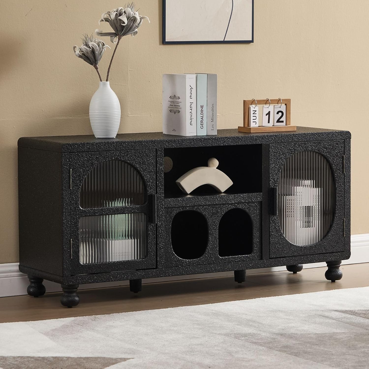 Ya-Home Sideboard with 2 Glass Doors Kitchen Cabinet with Worktop Storage Cabinet Wooden Cabinet for Living Room Kitchen Dining Room Black