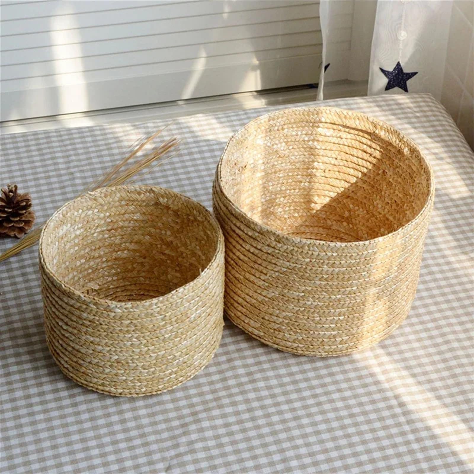 MRKU Cesto portabiancheria Pieghevole, Contenitore per la casa in Paglia Intrecciata con coperchi, Scatola per Snack in Rattan, Contenitore Multiuso e Giocattolo, Scatola Pieghevole