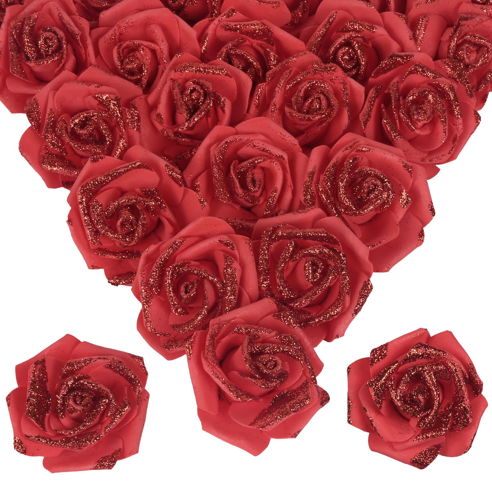 ICBOX 100pcs Red Glitter Roses 2.56" Artificial Red Roses Foam Glitter Flowers Fake Red Roses Faux Flowers for Bridal Shower Centerpieces DIY Wedding