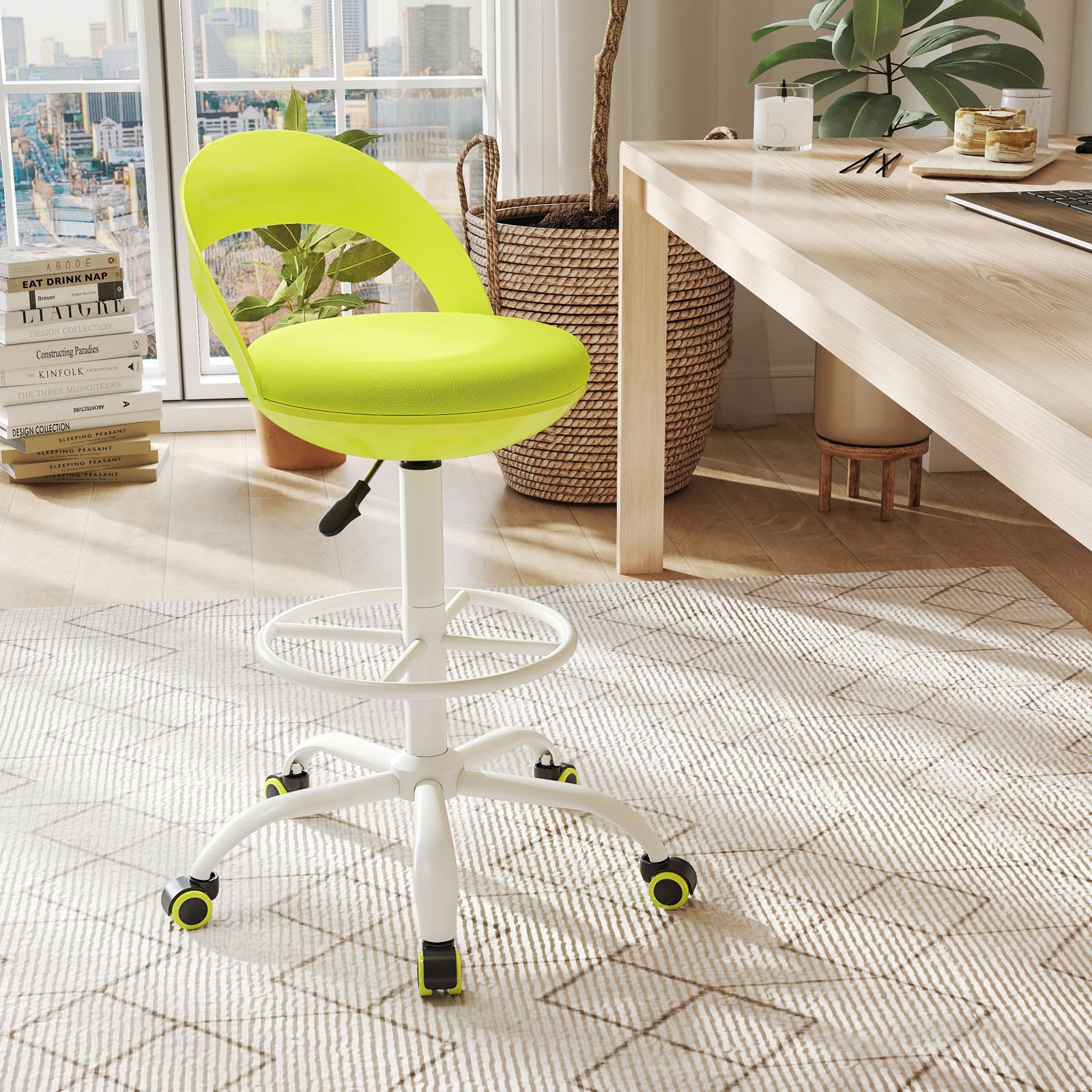 COSTWAY Taboret na kółkach z regulacją wysokości, taboret obrotowy na kółkach, 70-82 cm, taboret roboczy z siedziskiem tapicerowanym sztuczną skórą, taboret biurowy do studia artystycznego, rysowania