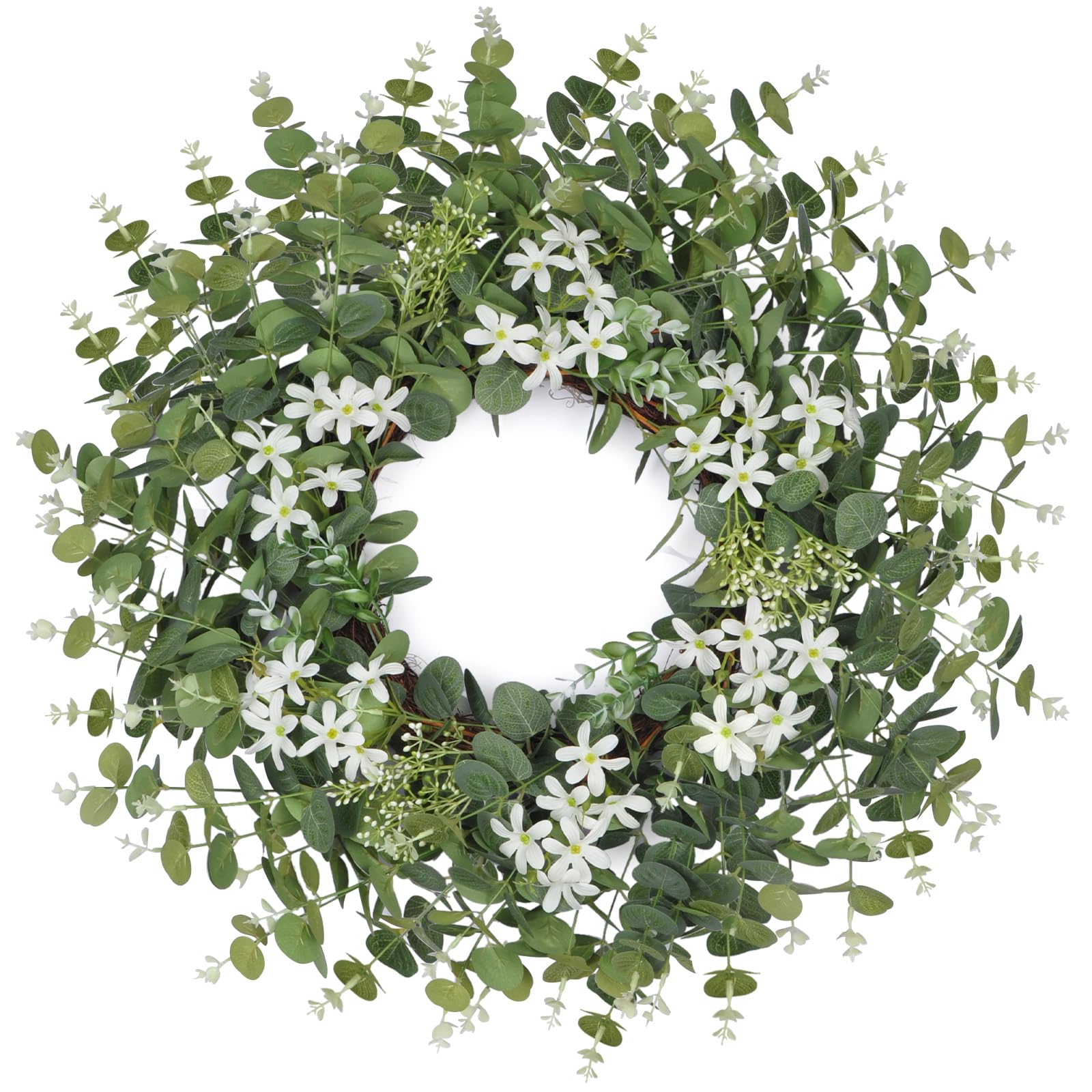 26'' Large Eucalyptus Wreaths for Front Door for All Seasons-Spring Summer Fall Autumn Winter Christmas Wreath,Neutral Everyday Greenery Wreath with Boxwood Leaves White Chrysanthemums for Decor