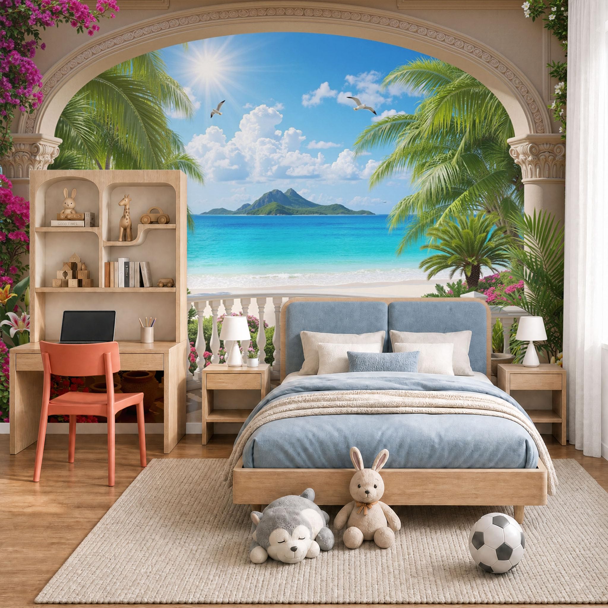Papier Peint Panoramique Paysage Nordique En Terrasse 350X256Cm Murale Photo - Vacances Romantiques À La Plage Bleu Tapisserie Murales Papier Peint Intissé Pour Chambre Salon Fond Tv - Photo Muraux
