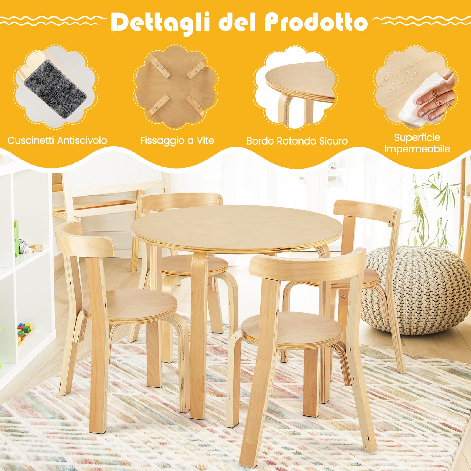COSTWAY Set Tavolo e Sedie per Bambini, con Schienale Curvo in Legno, Tavolo Attività per Bambini con 4 Sedie, Capacità di Peso 25kg, 4+ Anni (naturale)
