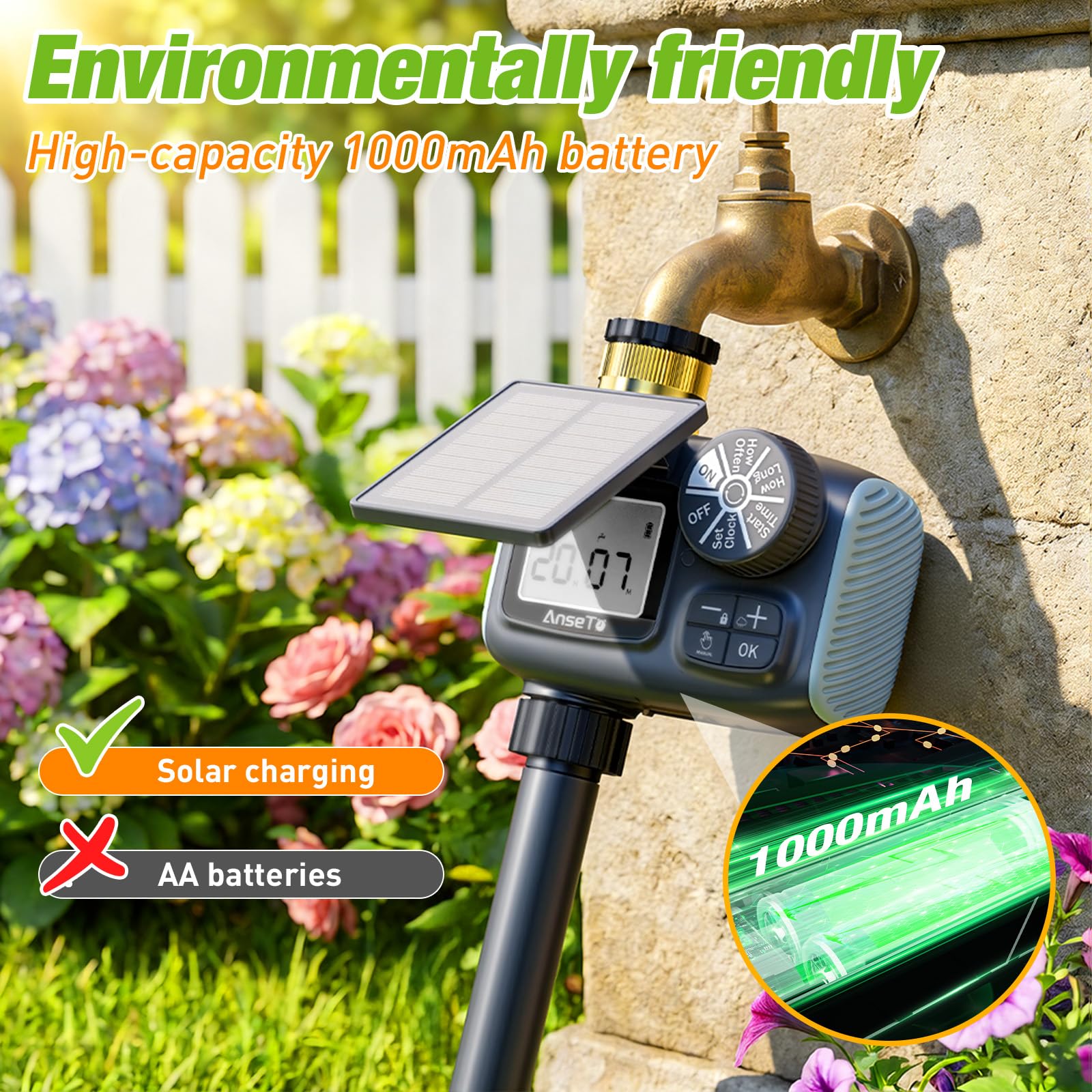 Programmateur Arrosage Automatique Solaire, Système D'irrigation Automatique, Charge par Câble USB-C et Panneaux Solaires, Ecran LCD Ultra Clair,Contrôle de I'irrigation pour Jardin et Pelouse