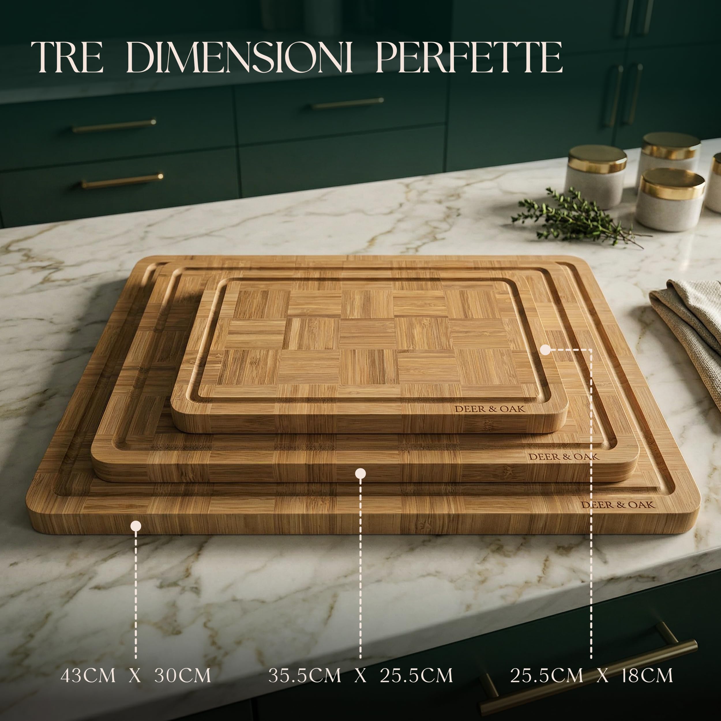 Deer & Oak Set 3 Taglieri in Bambù Carbonizzato con Supporto | Legno pre-oliato · Motivo intrecciato a cesto · Resistenti