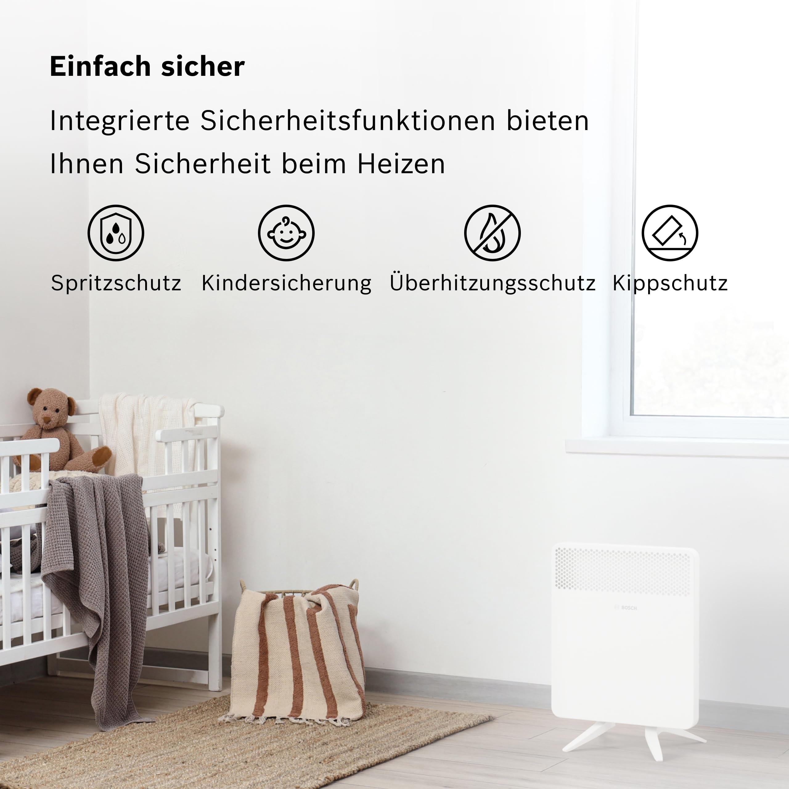 Bosch Heat Convector 4000-5 Elektrischer Konvektor, 500 W | Für Räume bis ca. 5 m², Elektroheizung mit Elektronischem Regler, LED-Anzeige, Wochenprogramm und Spritzwasserschutz