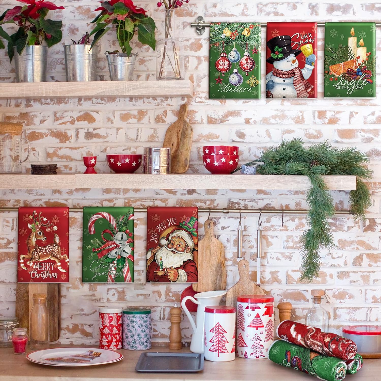 Hosuly 6 Pcs Vintage Christmas Kitchen Towels Red and Green Christmas Hand Towels Xmas Santa Elk Snowman Candy Dish Towels Christmas Decorative Tea Towel Housewarming Gifts for Kitchen Holiday Xmas - Image 4