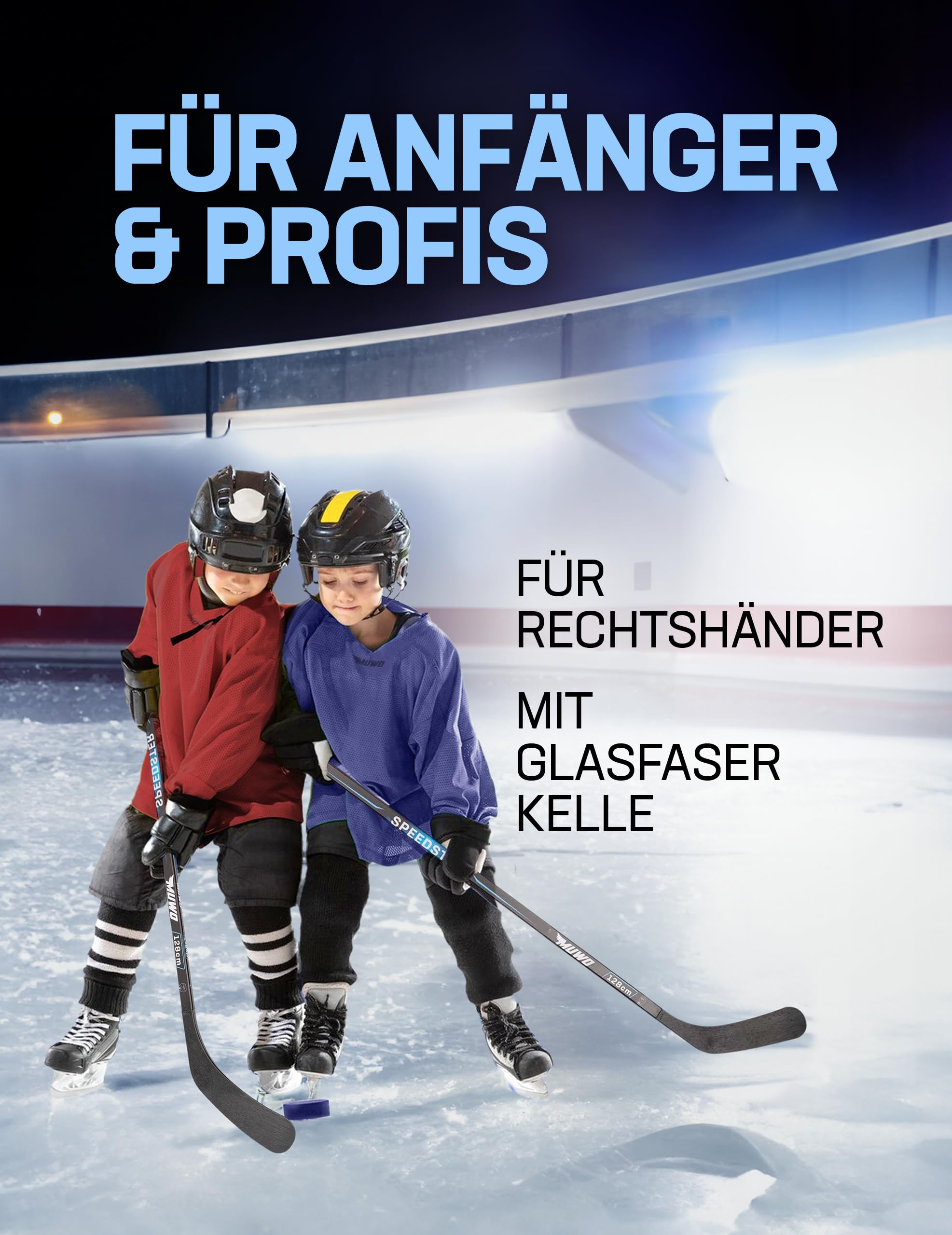 MUWO Mazza da hockey su ghiaccio per bambini, adolescenti, adulti, in legno di betulla per principianti ed esperti, nelle lunghezze 128, 148 e 166 cm, colore nero