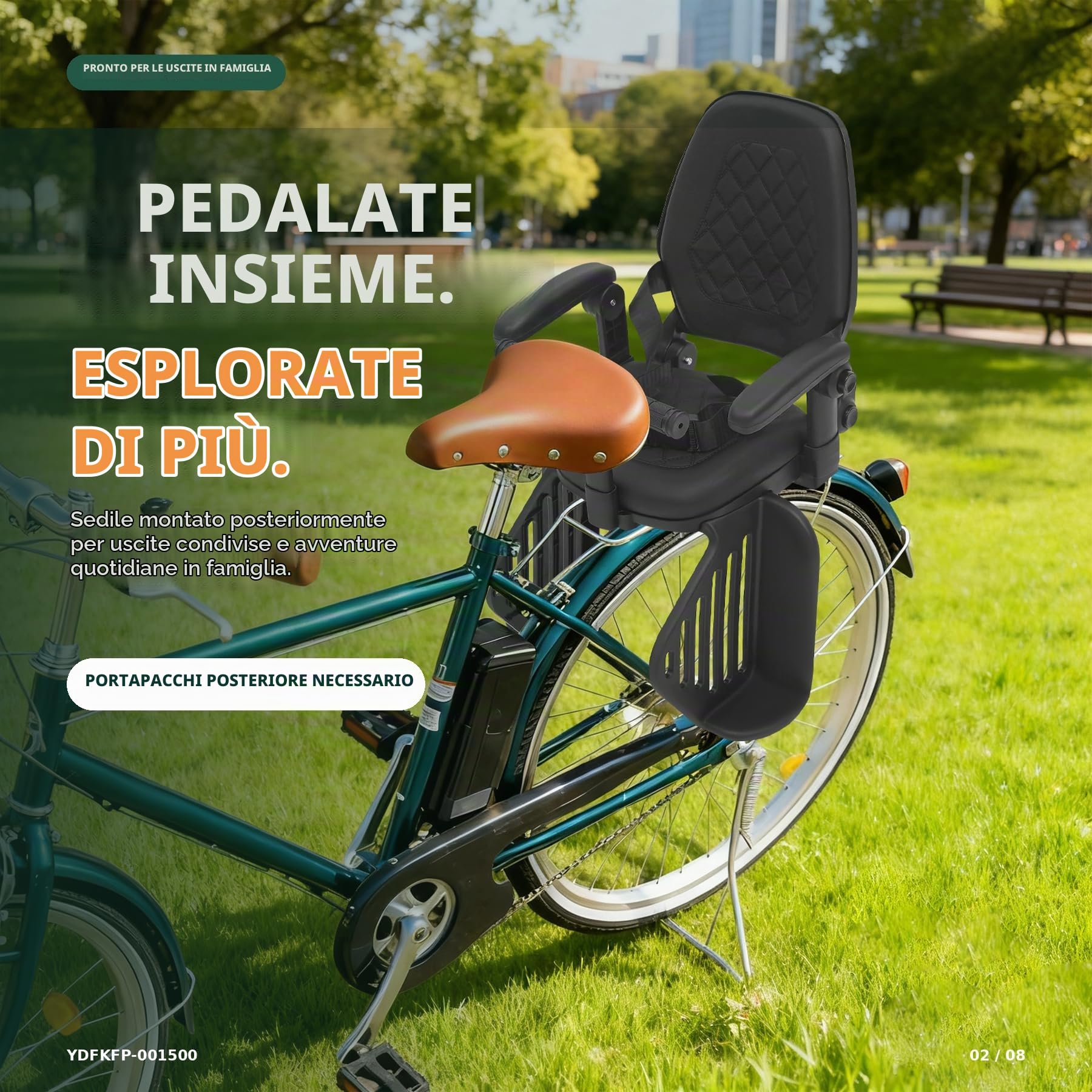Seggiolino per bicicletta, sedile posteriore per bambini, fino a 50 kg, schienale alto con 3 posizioni, cintura di sicurezza a 5 punti e poggiapiedi, per bambini da 8 mesi a 8 anni