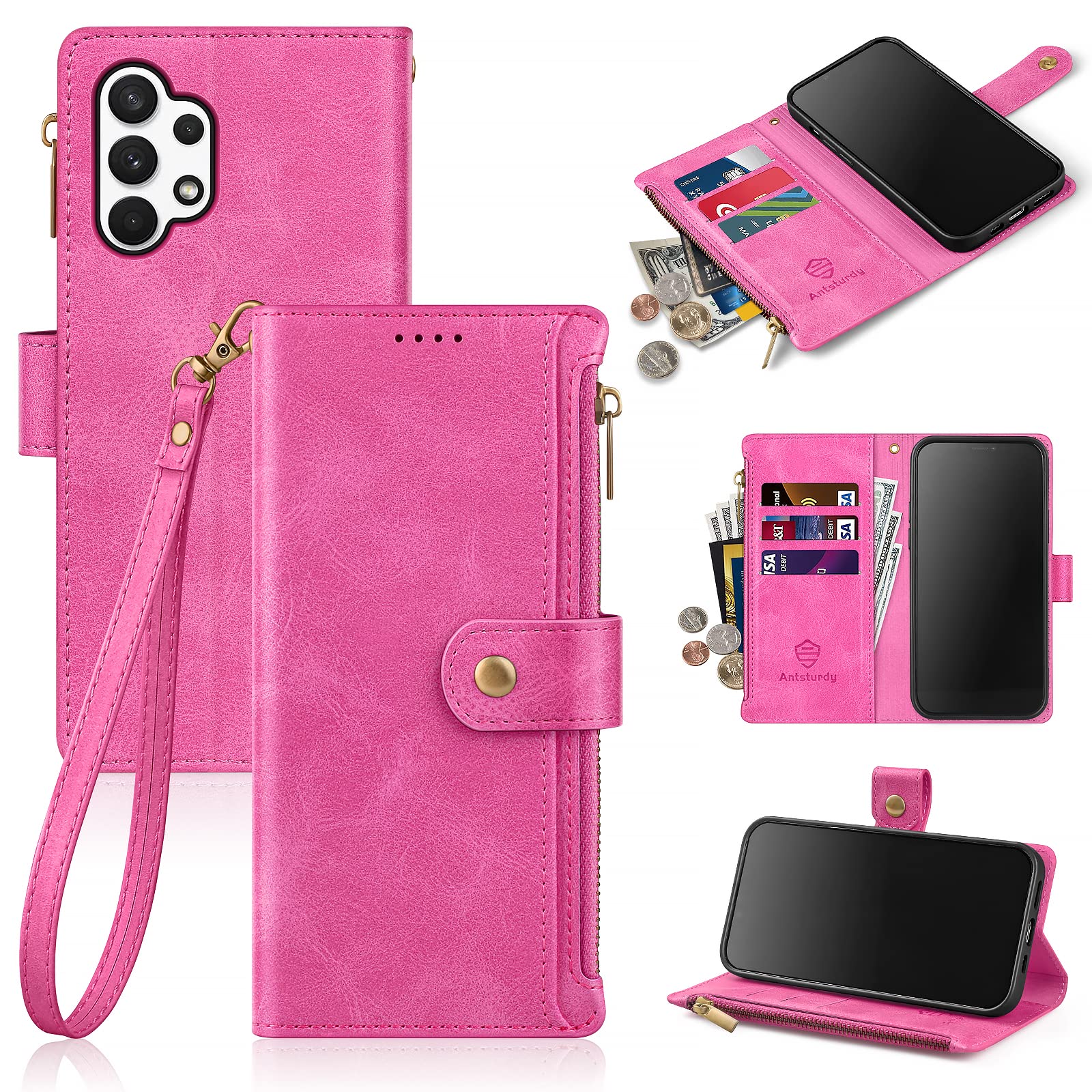 Antsturdy Compatible with Samsung Galaxy A32 5G Wallet Case with Card Holder Women Men,PU Leather Phone Case Flip Protective Cover Wrist Strap Zipper