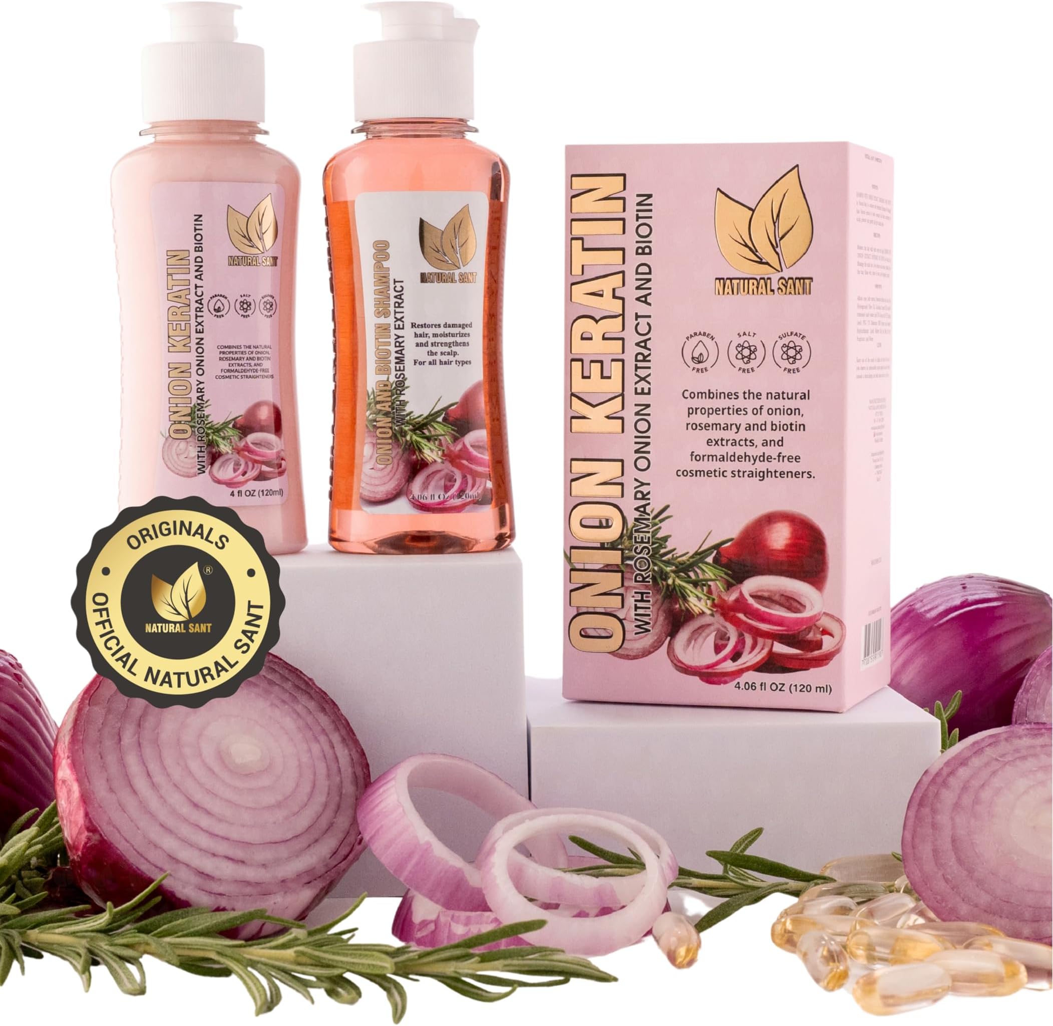 NATURAL SANT - Onion Keratin DuoBox 120ml – Deep Repair & Smoothing for Dry, Damaged Hair, Frizz Control & Heat Protection with Biotin & Rosemary