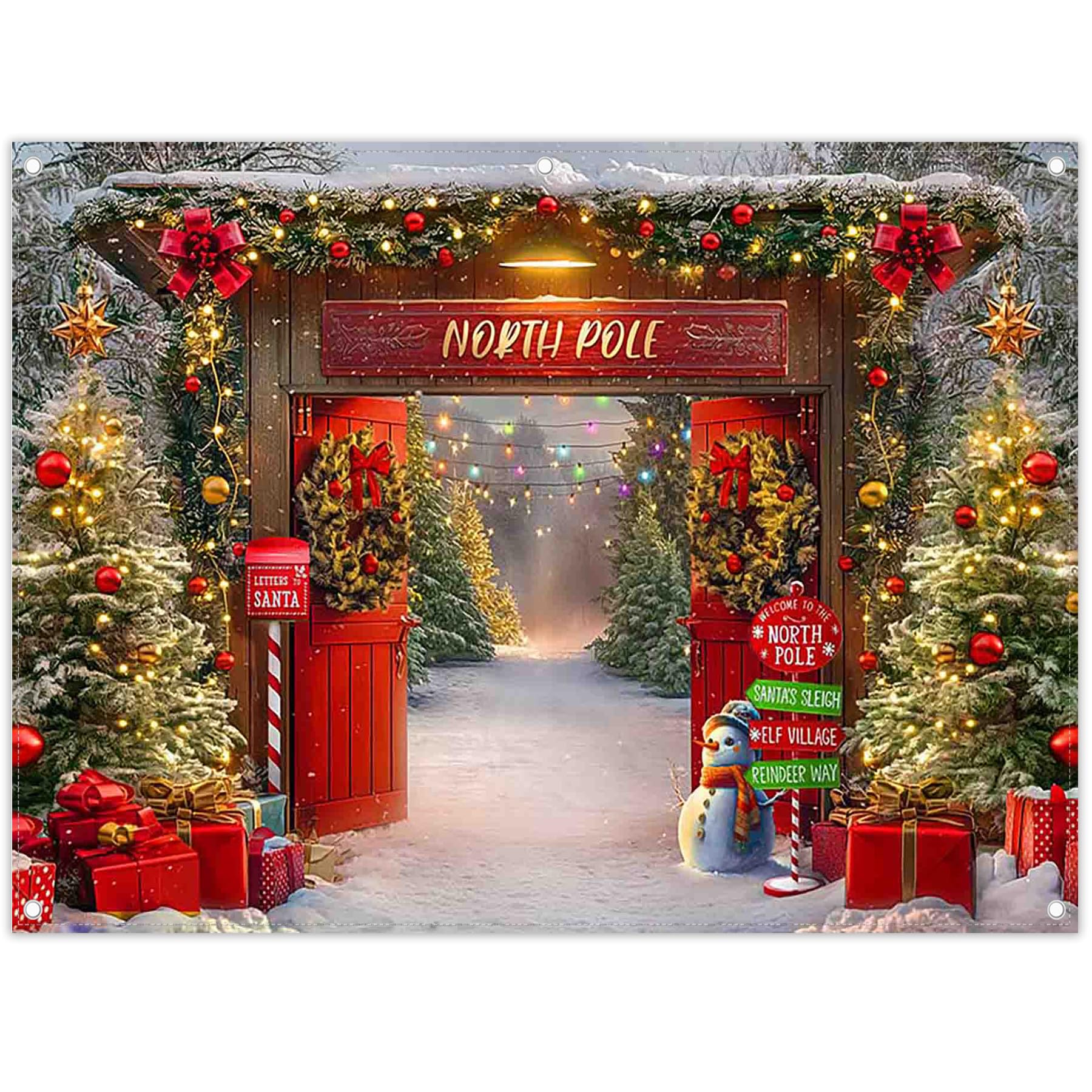 YCUCUEI 8x6ft Fabric Christmas Backdrop Winter Forest Wooden Barn Door North Pole Snowy Xmas Tree Photography Background Family Holiday Party Decor