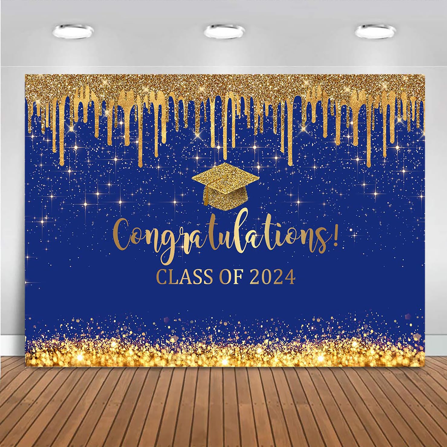 Mocsicka Blue and Gold Graduation Backdrop Congratulations Class of 2024 Photography Background 2024 Graduation Party Decorations Congrats Grad Cake Table Banner (blue gold-1, 8x6ft)