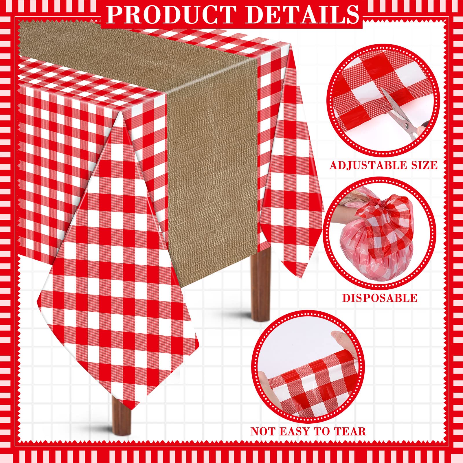 12 manteles desechables de plástico para pícnic a cuadros decorativos rectangulares de 54 x 108 pulgadas, manteles a cuadros blancos y rojos para cumpleaños, bodas, fiestas en interiores y exteriores