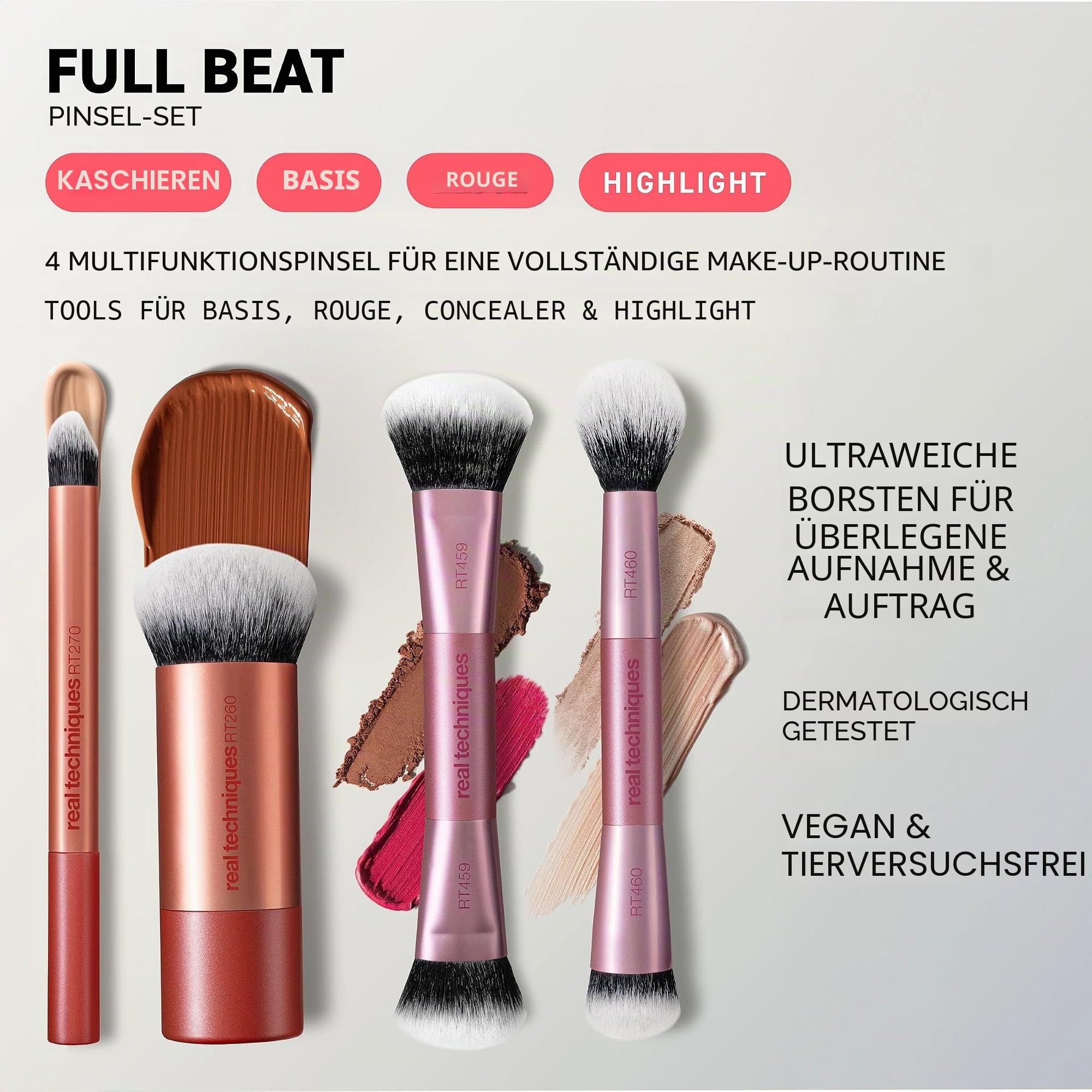 Real Techniques Make-up Pinselset Full Beat, 4-teiliges Set für Foundation, Concealer Rosa, Kontur, Beleuchten und Mischen Puder, Reisegepulver, Weiches Haar ultraflach, ohne