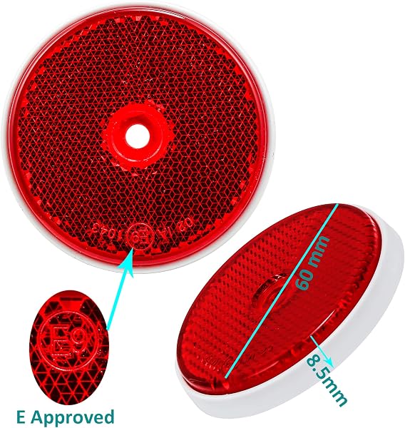 4xCatarifrangente Rotondi Rosso Ø60 mm Omologati, Rosso Catarifrangenti Avvitare Posteriore Rimorchio per Recinzione Cancelli Caravan Macchine (Rosso-Rotondi-Avvitare-4Pezzi) - 4