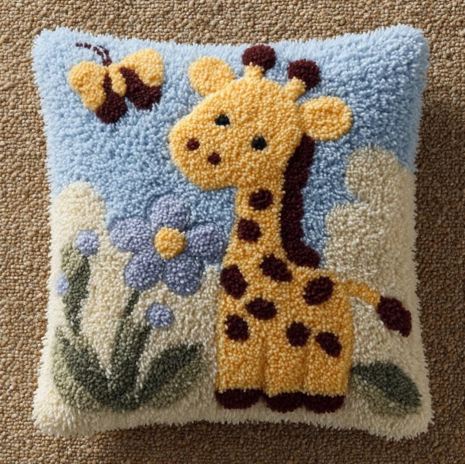 AxiangziK Handmade Latch Hook Cushion Kit 17x17 Inch,Giraffe and Butterfly Complete DIY Pillow Making Kit for Home Decor - Bedroom Throw Pillow Craft Gift