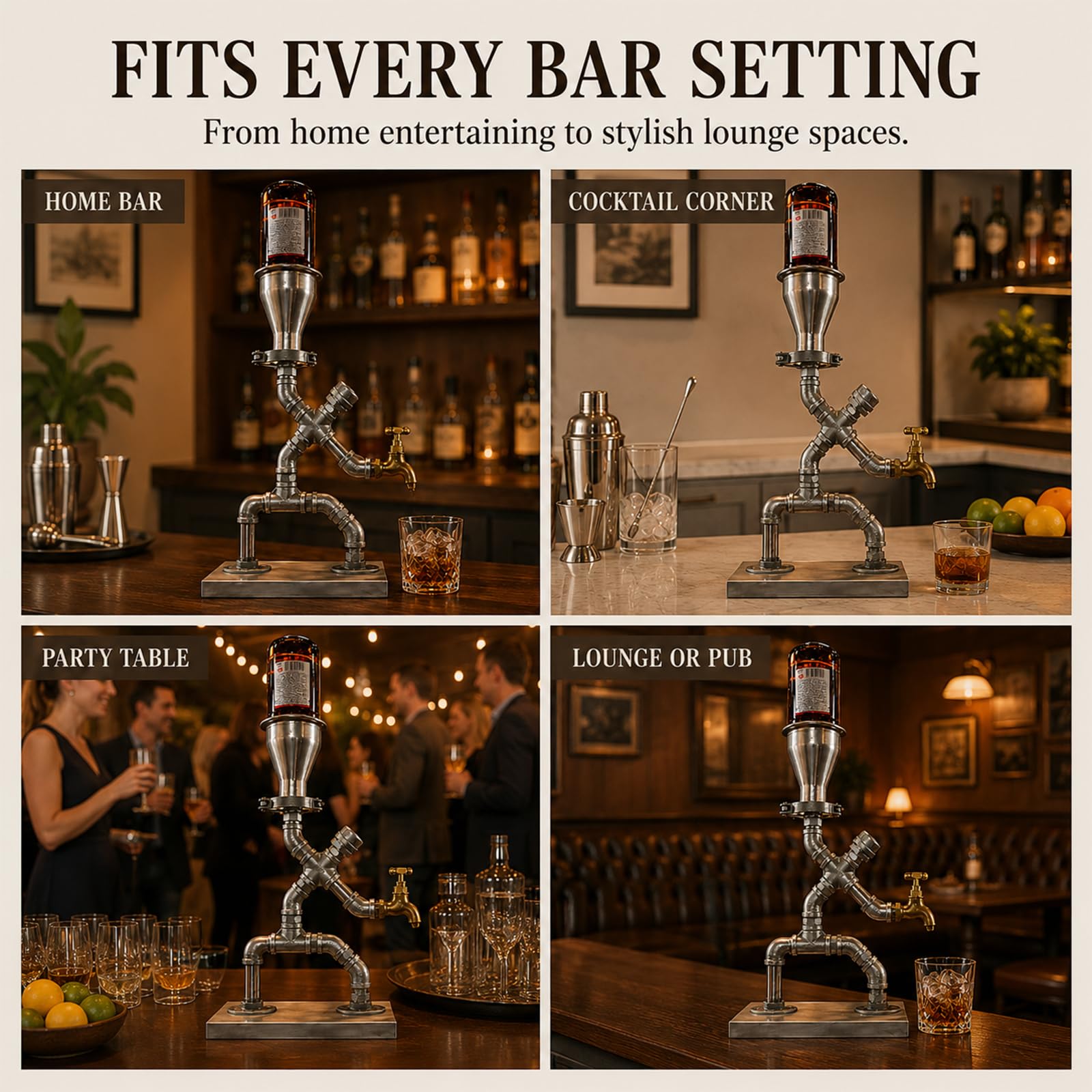 Dispensador de Bebidas Estilo Industrial de Tubo Metal y Latón | diseño industrial, grifo latón, base estable, estilo retro, idea regalo(silver)