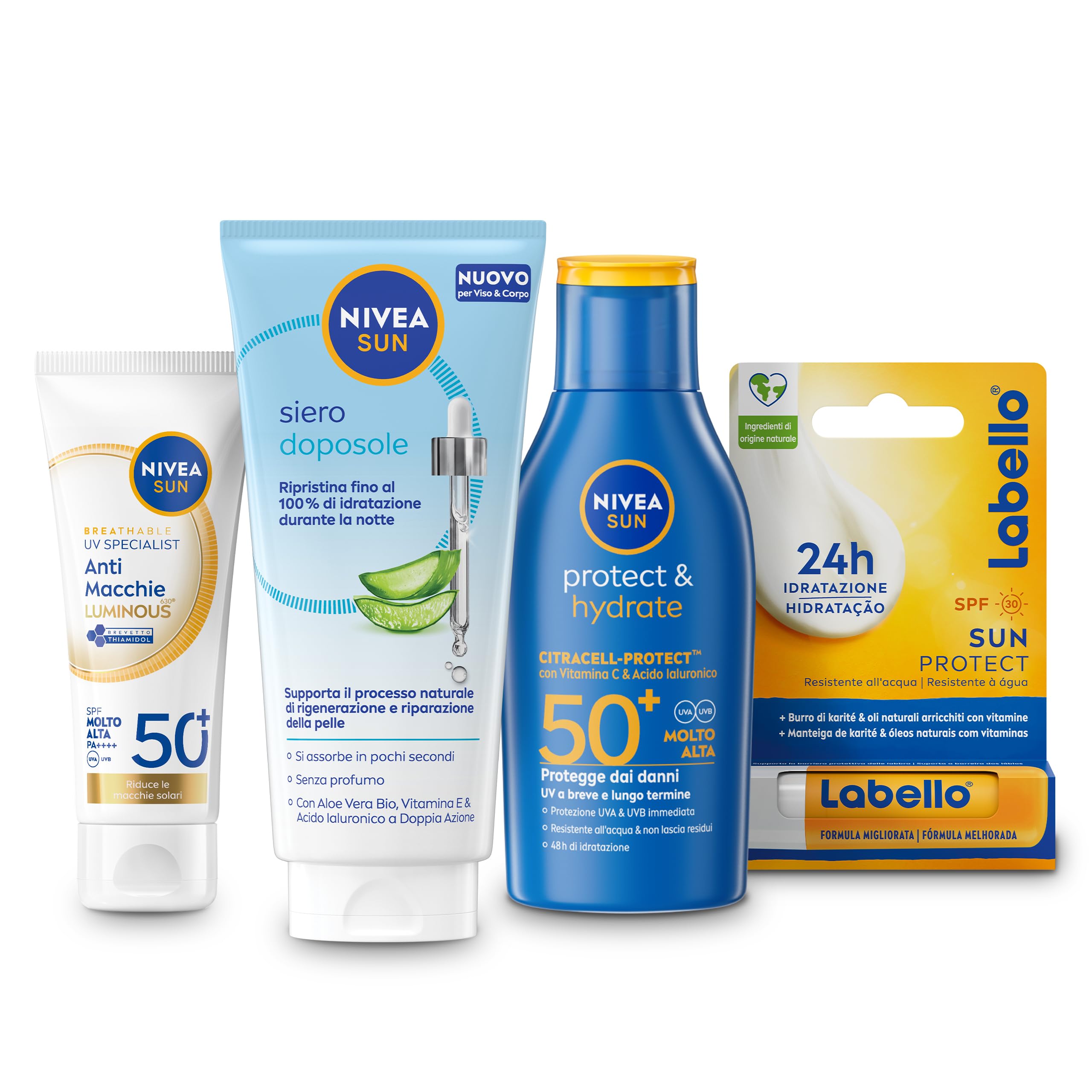 NIVEA SUN Cofanetto con Crema Solare Protect & Hydrate SPF 50+ 100 ml, Crema solare viso 50+ Luminous630 40 ml, Siero Doposole 100 ml e Labello Sun Burrocacao 4.8 g – Kit Esclusiva Amazon