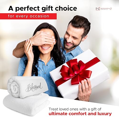 Miniatura 5 de MORANG & CO, Toalla de baño, algodón, serie Blesed, 2 unidades, 31 x 63 pulgadas, 28.22 oz (blanco)