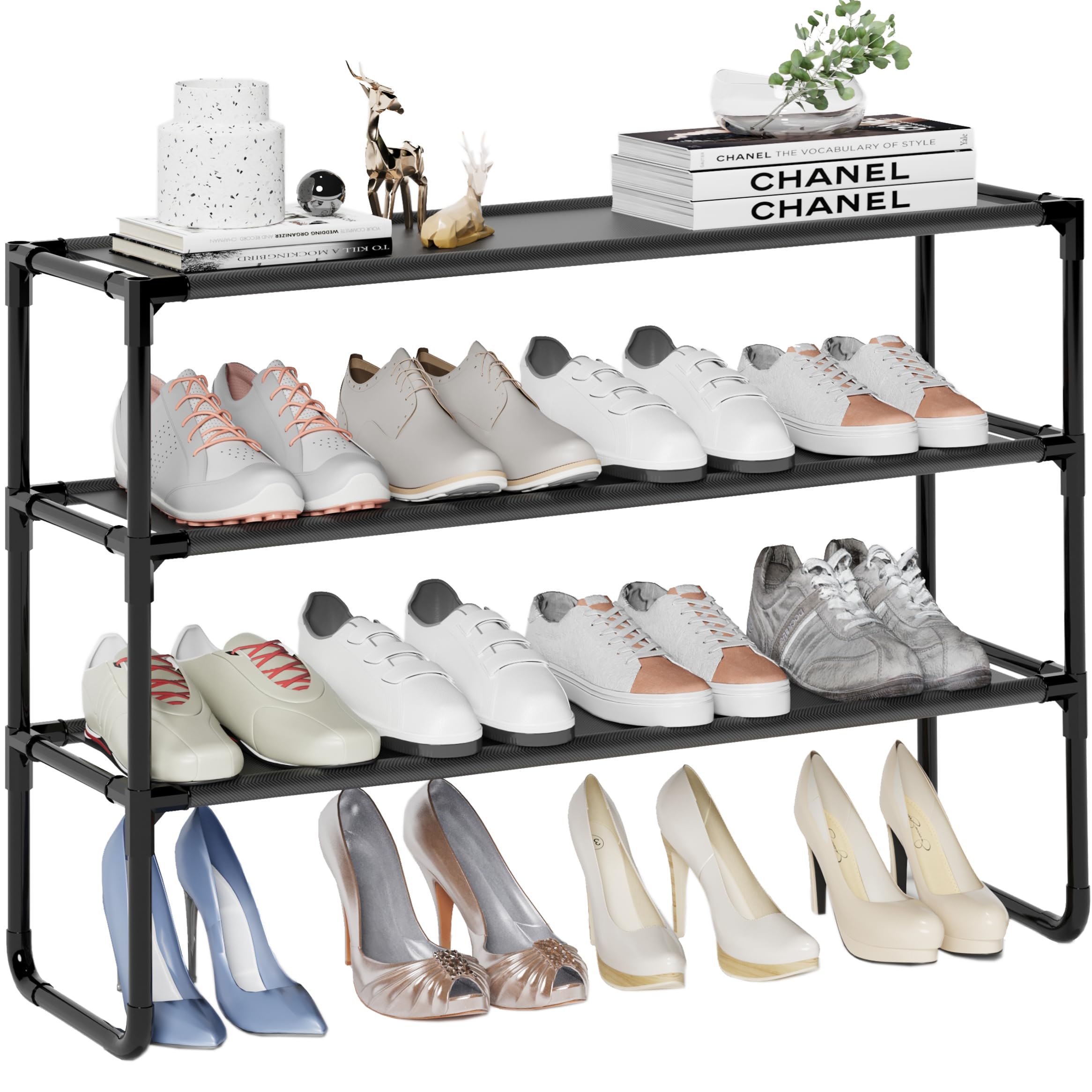COAPUKT Long Shoe Rack, 3-Tier Stackable Shoe Organizer for Closet, Entryway, Hallway, Extra Bottom Layer, Holds 16-20 Pairs, Sturdy & Durable Waterproof Fabric Shelf, Space-Saving,Black