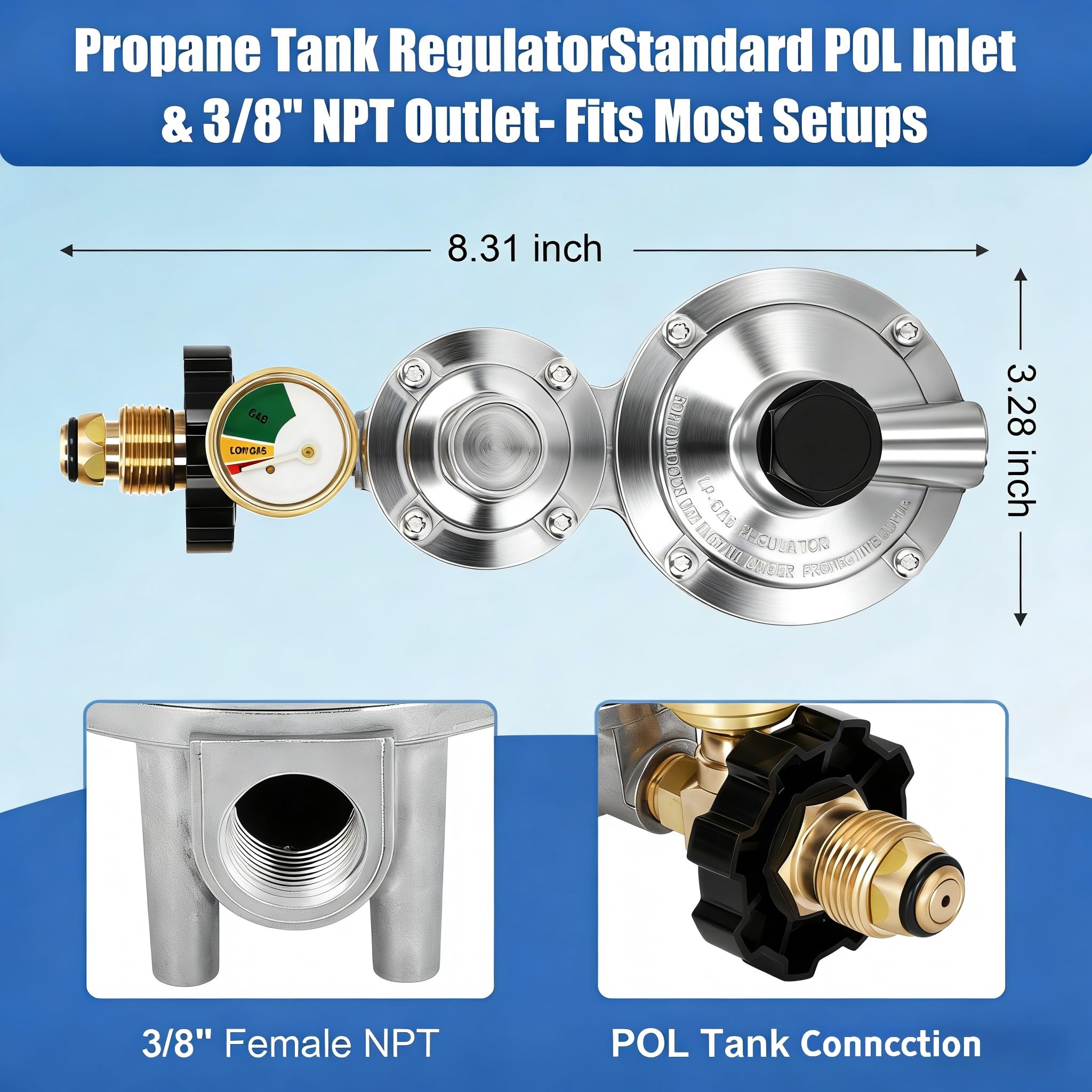 Feikeer Pionowy 2-stopniowy regulator propanu z POL i miernikiem, dwustopniowy regulator propanu, standardowe złącze NPT, dwustopniowy regulator do zbiornika 9-45 kg, grill gazowy, kampera, grzejnik
