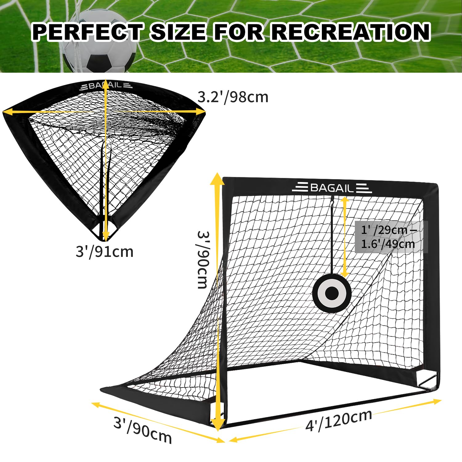 Bagail Fußballtor, Pop-Up-Fußballnetz mit Zieltor, Erdnägeln und Tragbarer Tragetasche, Einfach zu Montieren, Ideal für Gartentraining und Freizeitspiele