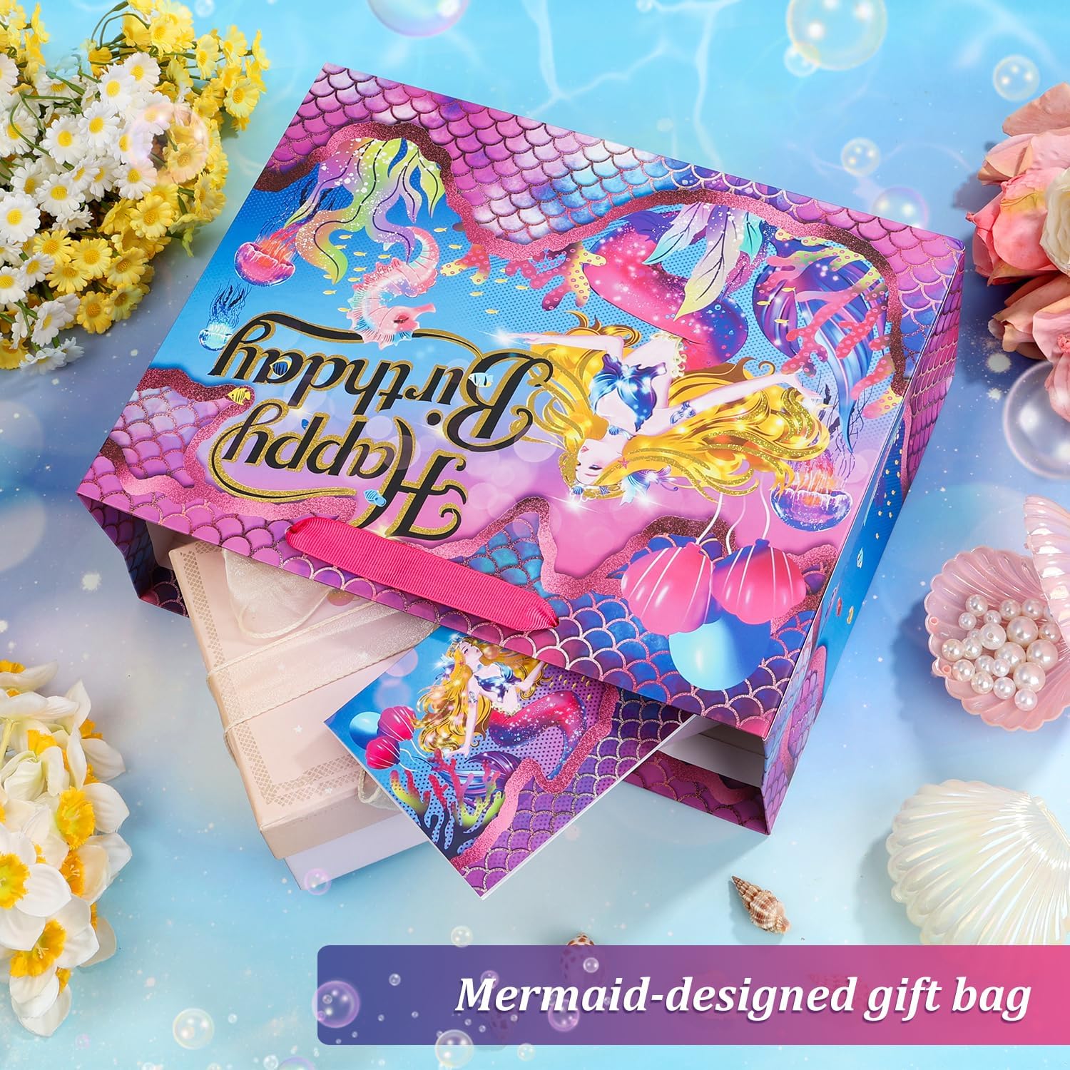 BeiLaad Mermaid Happy Birthday Gift Bag with Tissue Paper and Greeting Card, gift bags for Kids Girls Birthday, Party, Medium size - Image 6