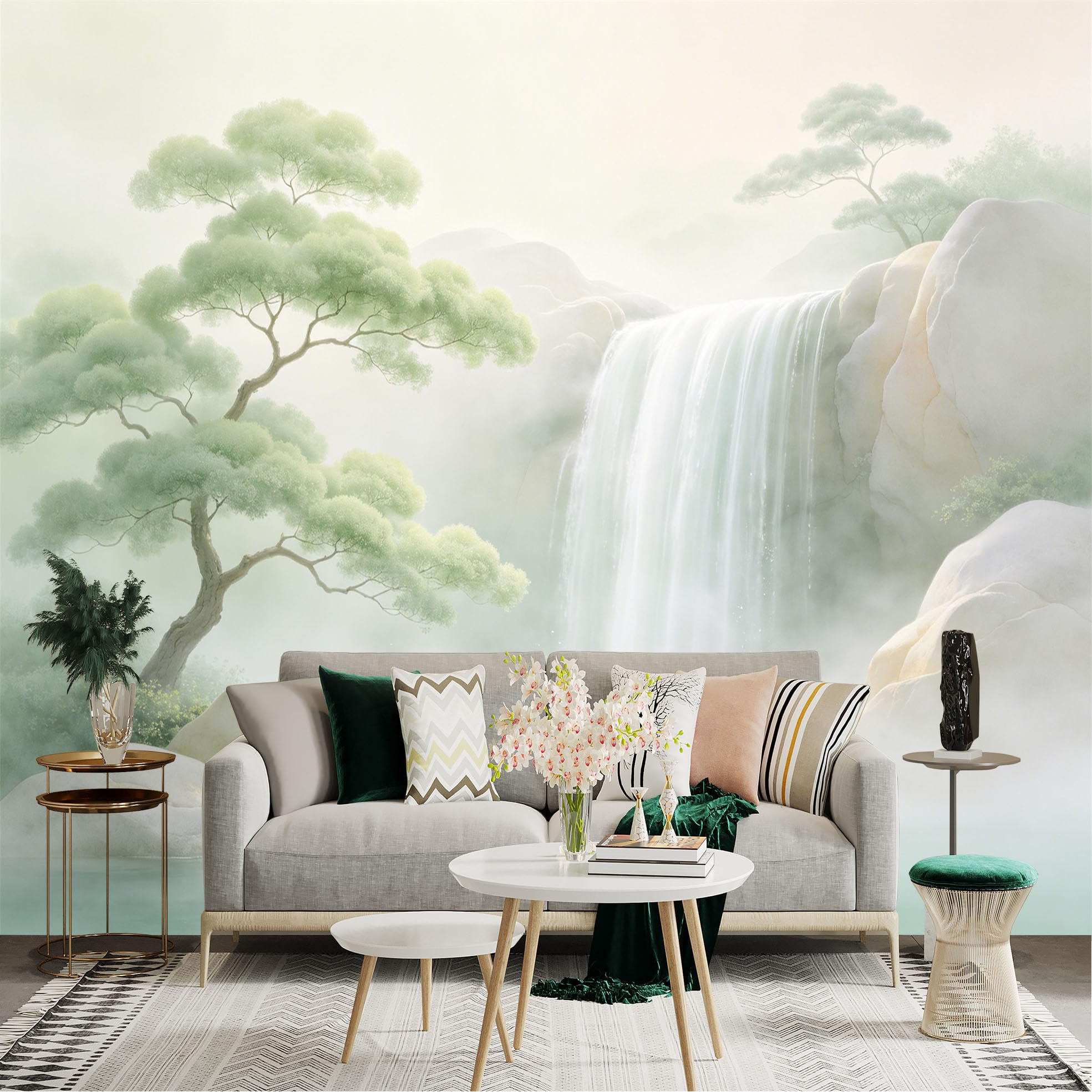 Lnzczhyre Dbh260521585 Custom Size Wall Sticker Mural， Misty Mountain Waterfall， Serene Oriental Pine Tree， Peaceful Nature Landscape， Zen River Scenery， For Wall Decoration， Peelandstick Wall Decals.